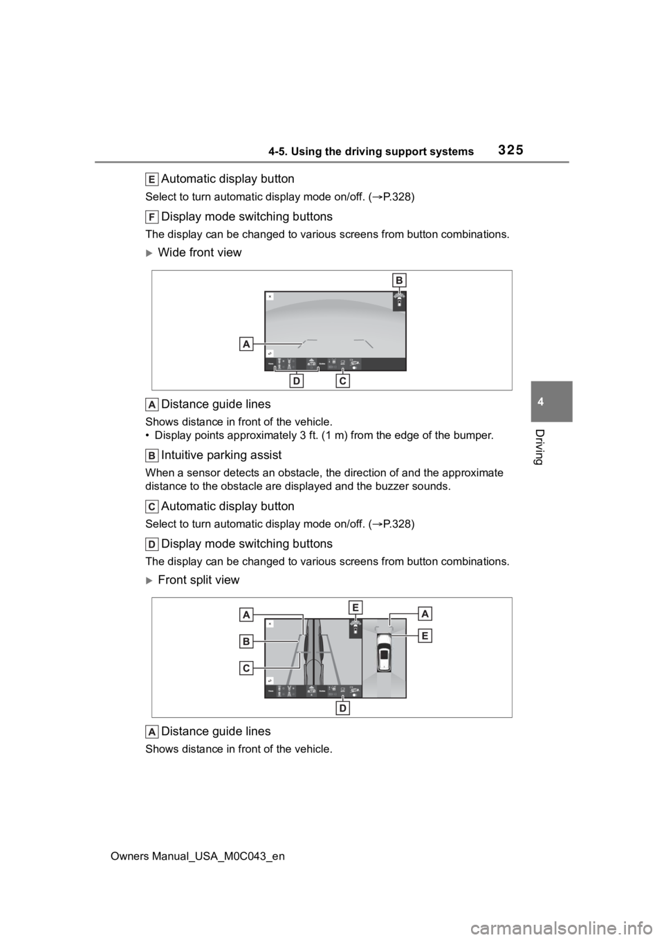 TOYOTA SEQUOIA HYBRID 2023  Owners Manual 3254-5. Using the driving support systems
Owners Manual_USA_M0C043_en
4
Driving
Automatic display button
Select to turn automatic  display mode on/off. (P.328)
Display mode switching buttons
The di