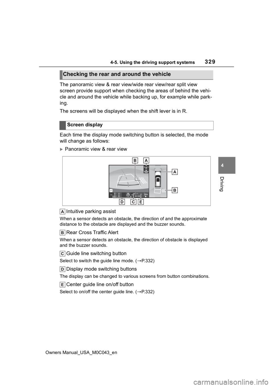 TOYOTA SEQUOIA HYBRID 2023 Workshop Manual 3294-5. Using the driving support systems
Owners Manual_USA_M0C043_en
4
Driving
The panoramic view & rear view/wide rear view/rear split view
screen provide support when checking the areas of behind TOYOTA SEQUOIA HYBRID 2023 Workshop Manual 3294-5. Using the driving support systems
Owners Manual_USA_M0C043_en
4
Driving
The panoramic view & rear view/wide rear view/rear split view
screen provide support when checking the areas of behind