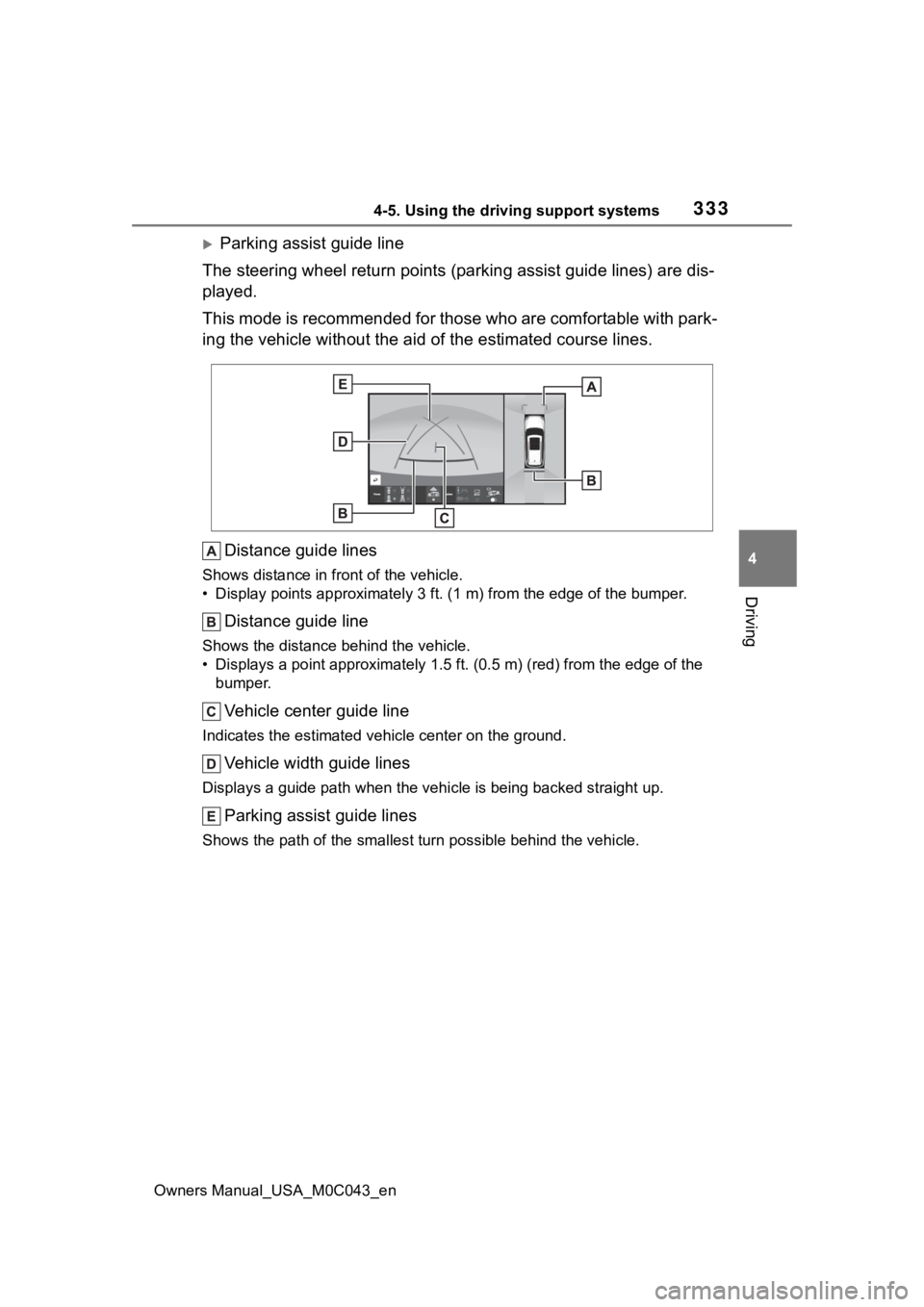 TOYOTA SEQUOIA HYBRID 2023 Owners Manual 3334-5. Using the driving support systems
Owners Manual_USA_M0C043_en
4
Driving
Parking assist guide line
The steering wheel return points (parking assist guide lines) are dis-
played.
This mode i TOYOTA SEQUOIA HYBRID 2023 Owners Manual 3334-5. Using the driving support systems
Owners Manual_USA_M0C043_en
4
Driving
Parking assist guide line
The steering wheel return points (parking assist guide lines) are dis-
played.
This mode i