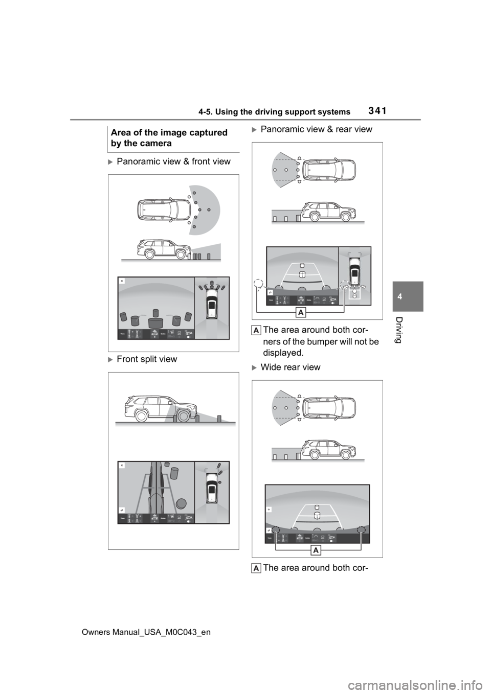 TOYOTA SEQUOIA HYBRID 2023 Owners Manual 3414-5. Using the driving support systems
Owners Manual_USA_M0C043_en
4
Driving
Panoramic view & front view
Front split view
Panoramic view & rear view The area around both cor-
ners of the b TOYOTA SEQUOIA HYBRID 2023 Owners Manual 3414-5. Using the driving support systems
Owners Manual_USA_M0C043_en
4
Driving
Panoramic view & front view
Front split view
Panoramic view & rear view The area around both cor-
ners of the b