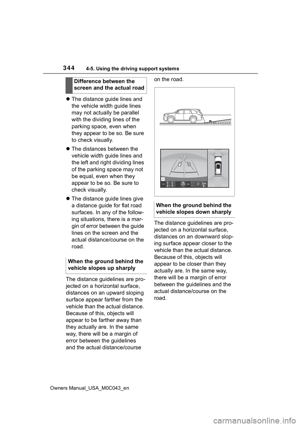 TOYOTA SEQUOIA HYBRID 2023 Owners Manual 3444-5. Using the driving support systems
Owners Manual_USA_M0C043_en
The distance guide lines and
the vehicle width guide lines
may not actually be parallel
with the dividing lines of the
park TOYOTA SEQUOIA HYBRID 2023 Owners Manual 3444-5. Using the driving support systems
Owners Manual_USA_M0C043_en
The distance guide lines and
the vehicle width guide lines
may not actually be parallel
with the dividing lines of the
park