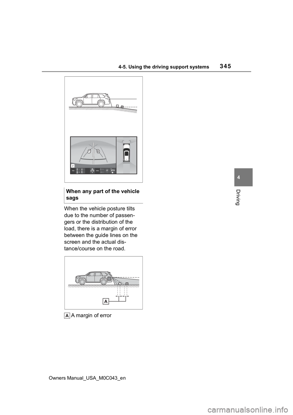 TOYOTA SEQUOIA HYBRID 2023 Owners Manual 3454-5. Using the driving support systems
Owners Manual_USA_M0C043_en
4
Driving
When the vehicle posture tilts
due to the number of passen-
gers or the distribution of the
load, there is a margin of TOYOTA SEQUOIA HYBRID 2023 Owners Manual 3454-5. Using the driving support systems
Owners Manual_USA_M0C043_en
4
Driving
When the vehicle posture tilts
due to the number of passen-
gers or the distribution of the
load, there is a margin of