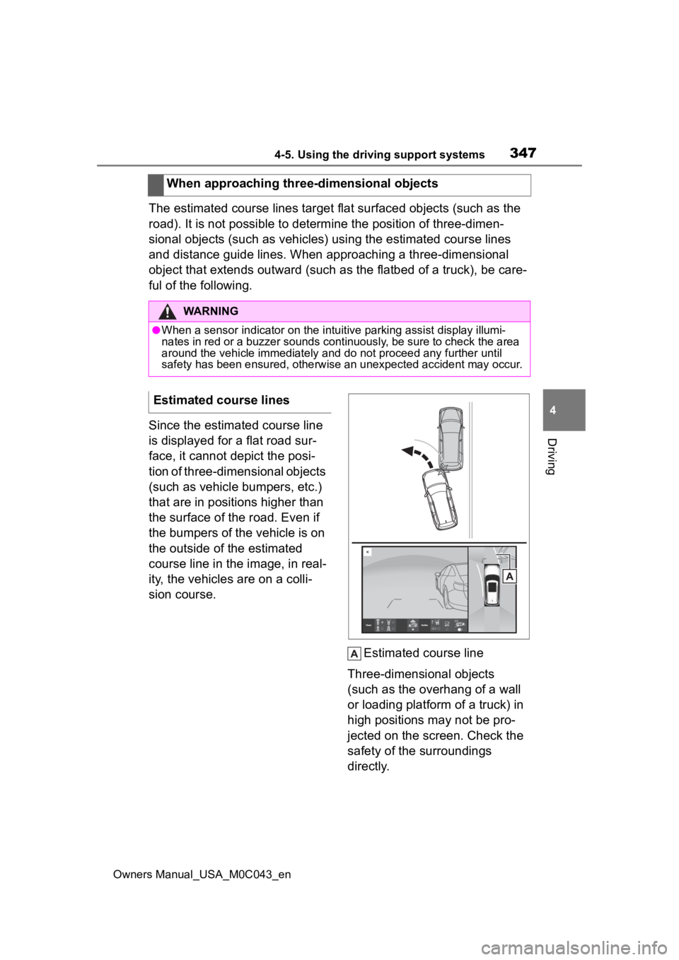 TOYOTA SEQUOIA HYBRID 2023 Repair Manual 3474-5. Using the driving support systems
Owners Manual_USA_M0C043_en
4
Driving
The estimated course lines targe t flat surfaced objects (such as the
road). It is not possible to determine the positi TOYOTA SEQUOIA HYBRID 2023 Repair Manual 3474-5. Using the driving support systems
Owners Manual_USA_M0C043_en
4
Driving
The estimated course lines targe t flat surfaced objects (such as the
road). It is not possible to determine the positi
