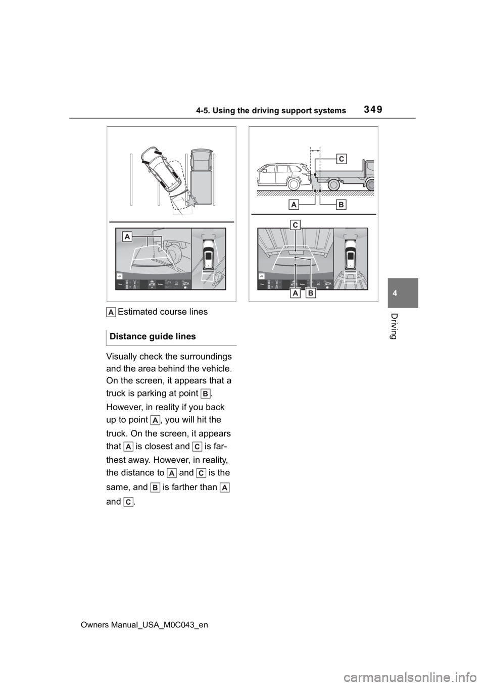 TOYOTA SEQUOIA HYBRID 2023 Owners Manual 3494-5. Using the driving support systems
Owners Manual_USA_M0C043_en
4
DrivingEstimated course lines
Visually check the surroundings
and the area behind the vehicle.
On the screen, it appears that TOYOTA SEQUOIA HYBRID 2023 Owners Manual 3494-5. Using the driving support systems
Owners Manual_USA_M0C043_en
4
DrivingEstimated course lines
Visually check the surroundings
and the area behind the vehicle.
On the screen, it appears that