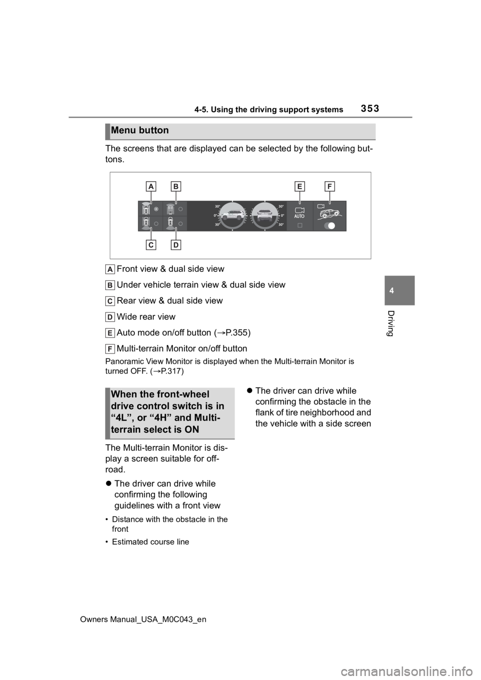 TOYOTA SEQUOIA HYBRID 2023 Owners Manual 3534-5. Using the driving support systems
Owners Manual_USA_M0C043_en
4
Driving
The screens that are displayed can be selected by the following but-
tons.
Front view & dual side view
Under vehicle te TOYOTA SEQUOIA HYBRID 2023 Owners Manual 3534-5. Using the driving support systems
Owners Manual_USA_M0C043_en
4
Driving
The screens that are displayed can be selected by the following but-
tons.
Front view & dual side view
Under vehicle te