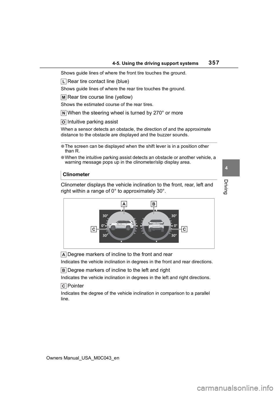 TOYOTA SEQUOIA HYBRID 2023 Repair Manual 3574-5. Using the driving support systems
Owners Manual_USA_M0C043_en
4
Driving
Shows guide lines of where the f ront tire touches the ground.
Rear tire contact line (blue)
Shows guide lines of where TOYOTA SEQUOIA HYBRID 2023 Repair Manual 3574-5. Using the driving support systems
Owners Manual_USA_M0C043_en
4
Driving
Shows guide lines of where the f ront tire touches the ground.
Rear tire contact line (blue)
Shows guide lines of where