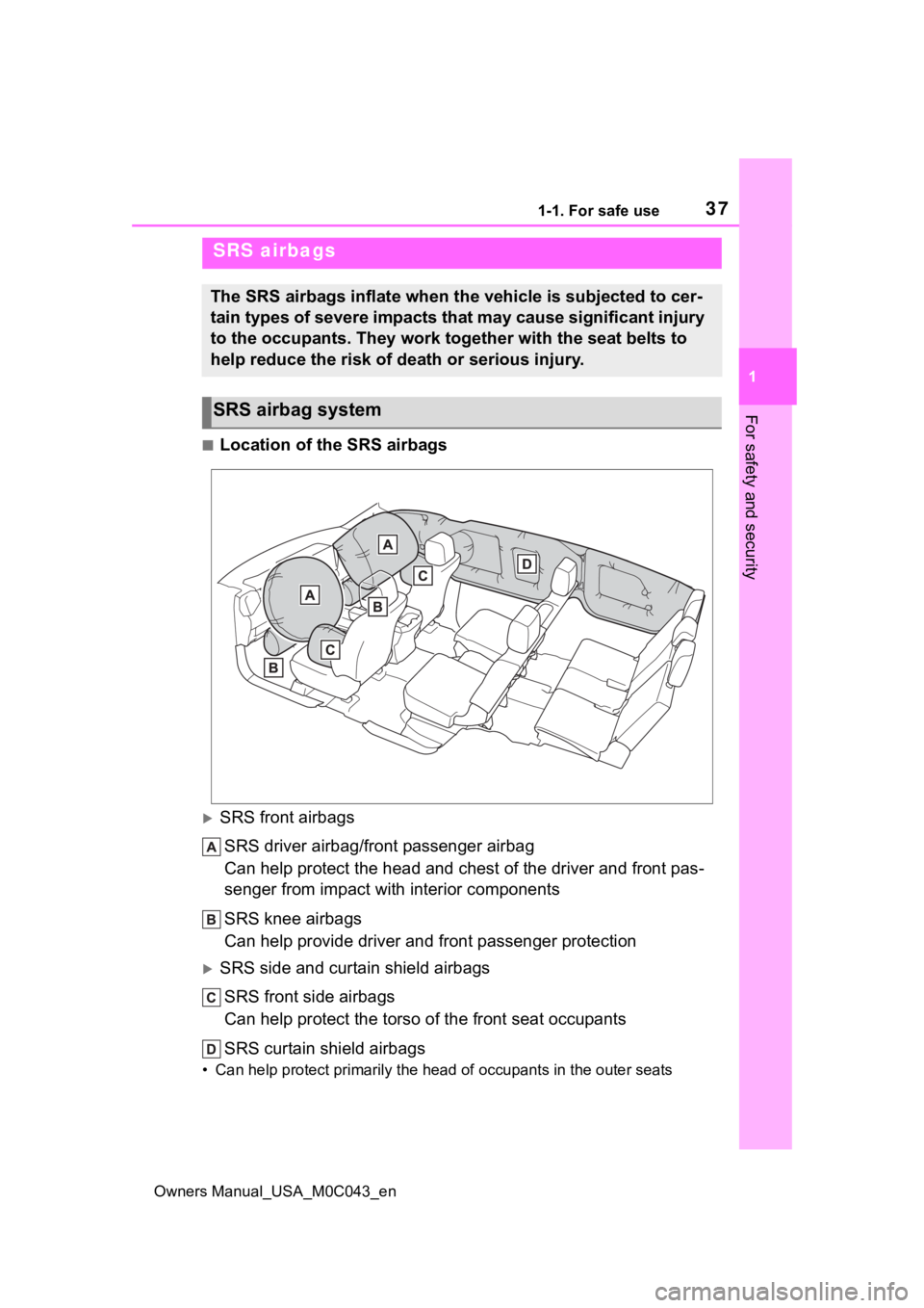 TOYOTA SEQUOIA HYBRID 2023 Owners Guide 371-1. For safe use
Owners Manual_USA_M0C043_en
1
For safety and security
■Location of the SRS airbags
SRS front airbags SRS driver airbag/front passenger airbag
Can help protect the head and che TOYOTA SEQUOIA HYBRID 2023 Owners Guide 371-1. For safe use
Owners Manual_USA_M0C043_en
1
For safety and security
■Location of the SRS airbags
SRS front airbags SRS driver airbag/front passenger airbag
Can help protect the head and che