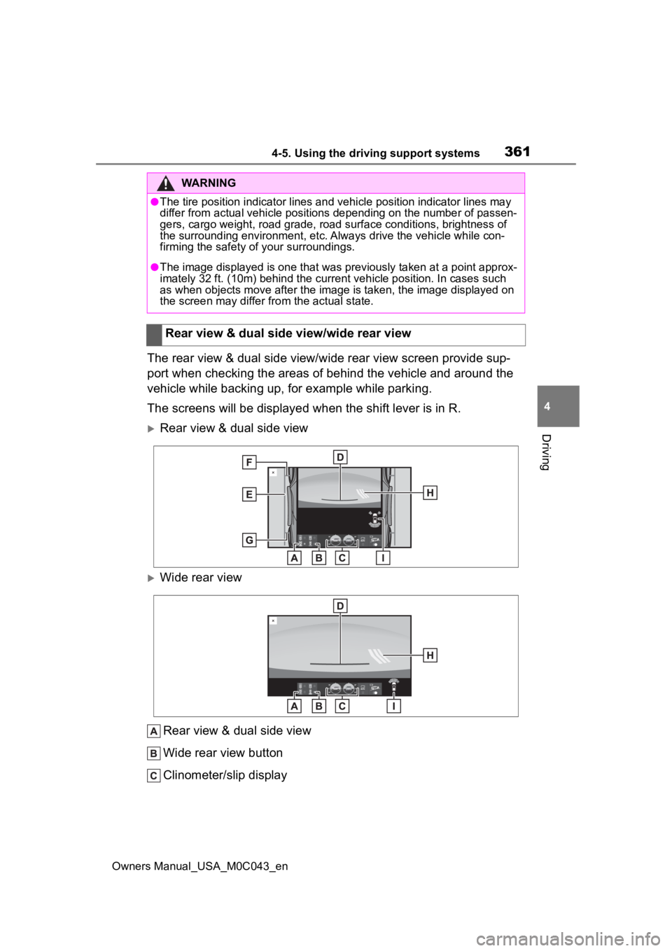 TOYOTA SEQUOIA HYBRID 2023 Owners Manual 3614-5. Using the driving support systems
Owners Manual_USA_M0C043_en
4
Driving
The rear view & dual side view/wide rear view screen provide sup- port when checking the areas of behind the vehicle and TOYOTA SEQUOIA HYBRID 2023 Owners Manual 3614-5. Using the driving support systems
Owners Manual_USA_M0C043_en
4
Driving
The rear view & dual side view/wide rear view screen provide sup- port when checking the areas of behind the vehicle and
