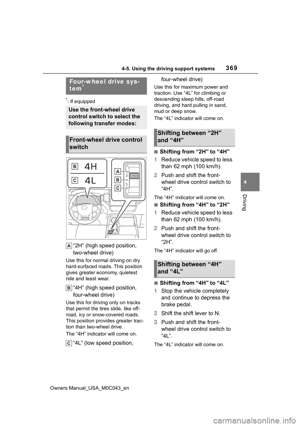 TOYOTA SEQUOIA HYBRID 2023 Owners Manual 3694-5. Using the driving support systems
Owners Manual_USA_M0C043_en
4
Driving
*: If equipped
“2H” (high speed position,
two-wheel drive)
Use this for norma l driving on dry
hard-surfaced roads TOYOTA SEQUOIA HYBRID 2023 Owners Manual 3694-5. Using the driving support systems
Owners Manual_USA_M0C043_en
4
Driving
*: If equipped
“2H” (high speed position,
two-wheel drive)
Use this for norma l driving on dry
hard-surfaced roads