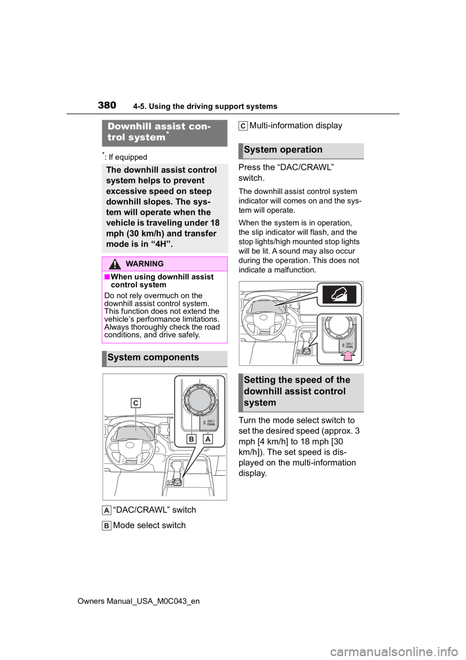 TOYOTA SEQUOIA HYBRID 2023 Owners Manual 3804-5. Using the driving support systems
Owners Manual_USA_M0C043_en
*: If equipped
“DAC/CRAWL” switch
Mode select switchMulti-information display
Press the “DAC/CRAWL”
switch.
The downhill TOYOTA SEQUOIA HYBRID 2023 Owners Manual 3804-5. Using the driving support systems
Owners Manual_USA_M0C043_en
*: If equipped
“DAC/CRAWL” switch
Mode select switchMulti-information display
Press the “DAC/CRAWL”
switch.
The downhill