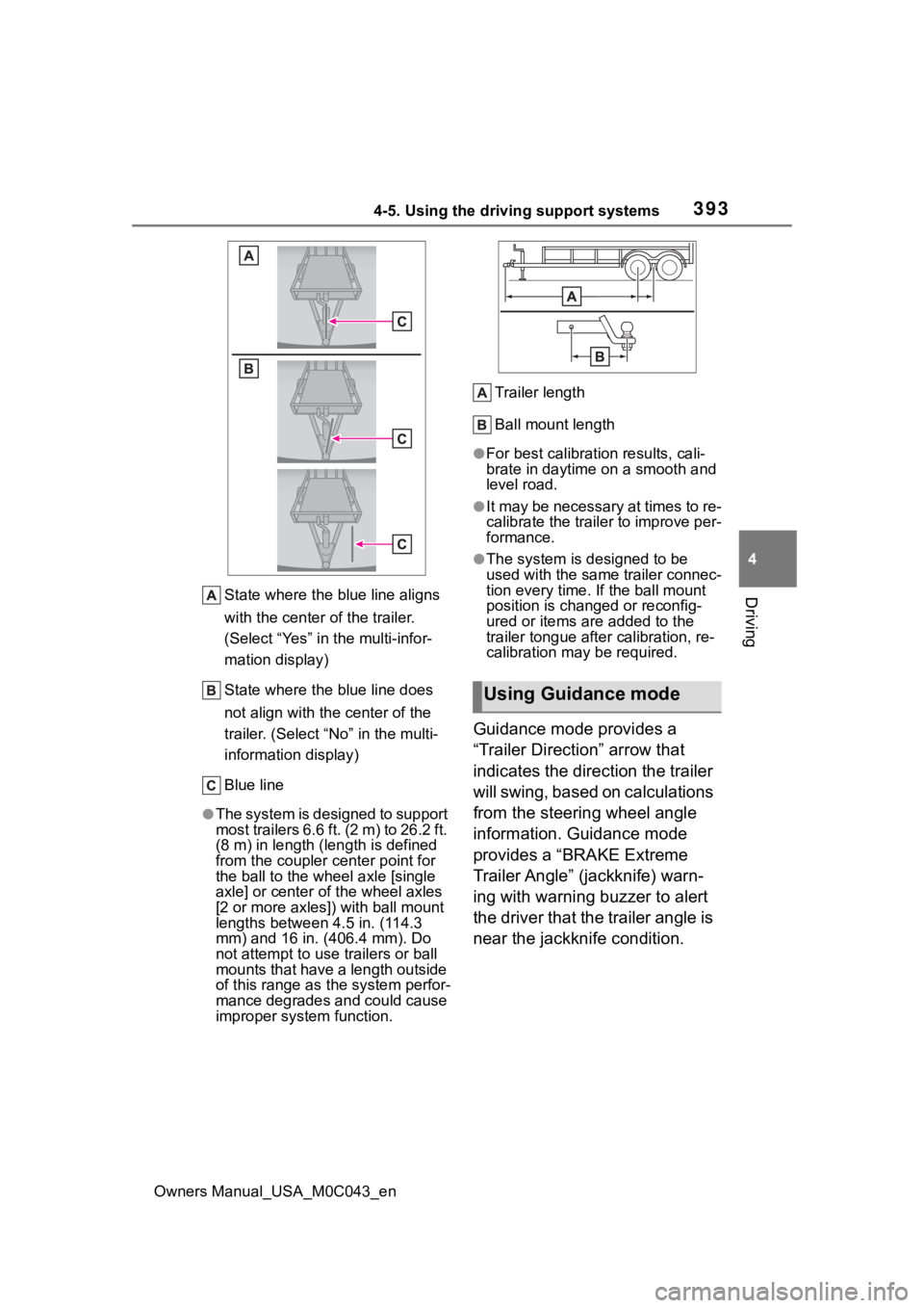 TOYOTA SEQUOIA HYBRID 2023 Owners Manual 3934-5. Using the driving support systems
Owners Manual_USA_M0C043_en
4
DrivingState where the blue line aligns
with the center of the trailer.
(Select “Yes” in the multi-infor-
mation display)
TOYOTA SEQUOIA HYBRID 2023 Owners Manual 3934-5. Using the driving support systems
Owners Manual_USA_M0C043_en
4
DrivingState where the blue line aligns
with the center of the trailer.
(Select “Yes” in the multi-infor-
mation display)