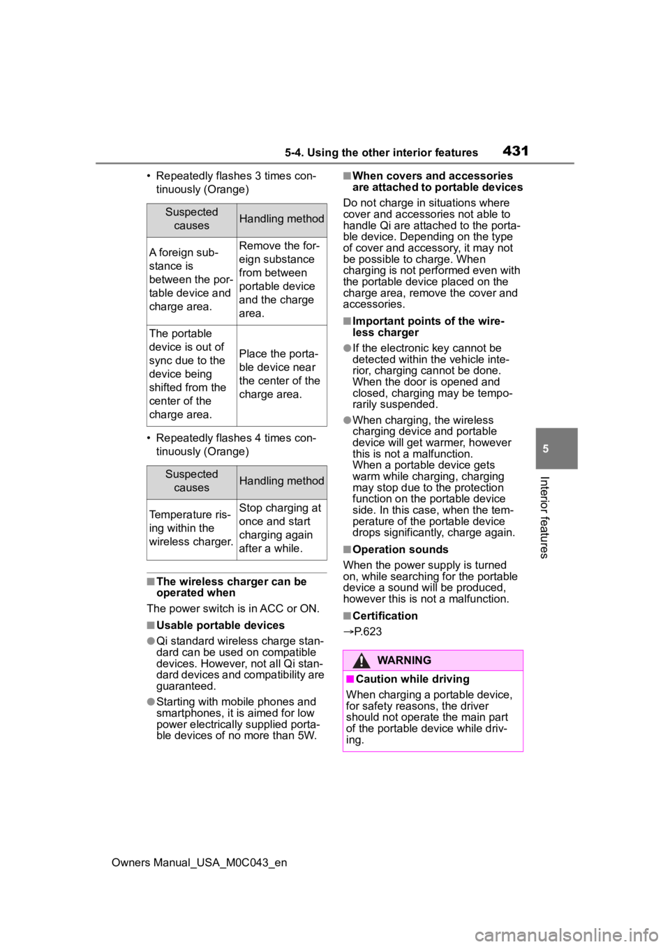 TOYOTA SEQUOIA HYBRID 2023 Workshop Manual 4315-4. Using the other interior features
Owners Manual_USA_M0C043_en
5
Interior features
• Repeatedly flashes 3 times con- tinuously (Orange)
• Repeatedly flashes 4 times con- tinuously (Orange)
TOYOTA SEQUOIA HYBRID 2023 Workshop Manual 4315-4. Using the other interior features
Owners Manual_USA_M0C043_en
5
Interior features
• Repeatedly flashes 3 times con- tinuously (Orange)
• Repeatedly flashes 4 times con- tinuously (Orange)
