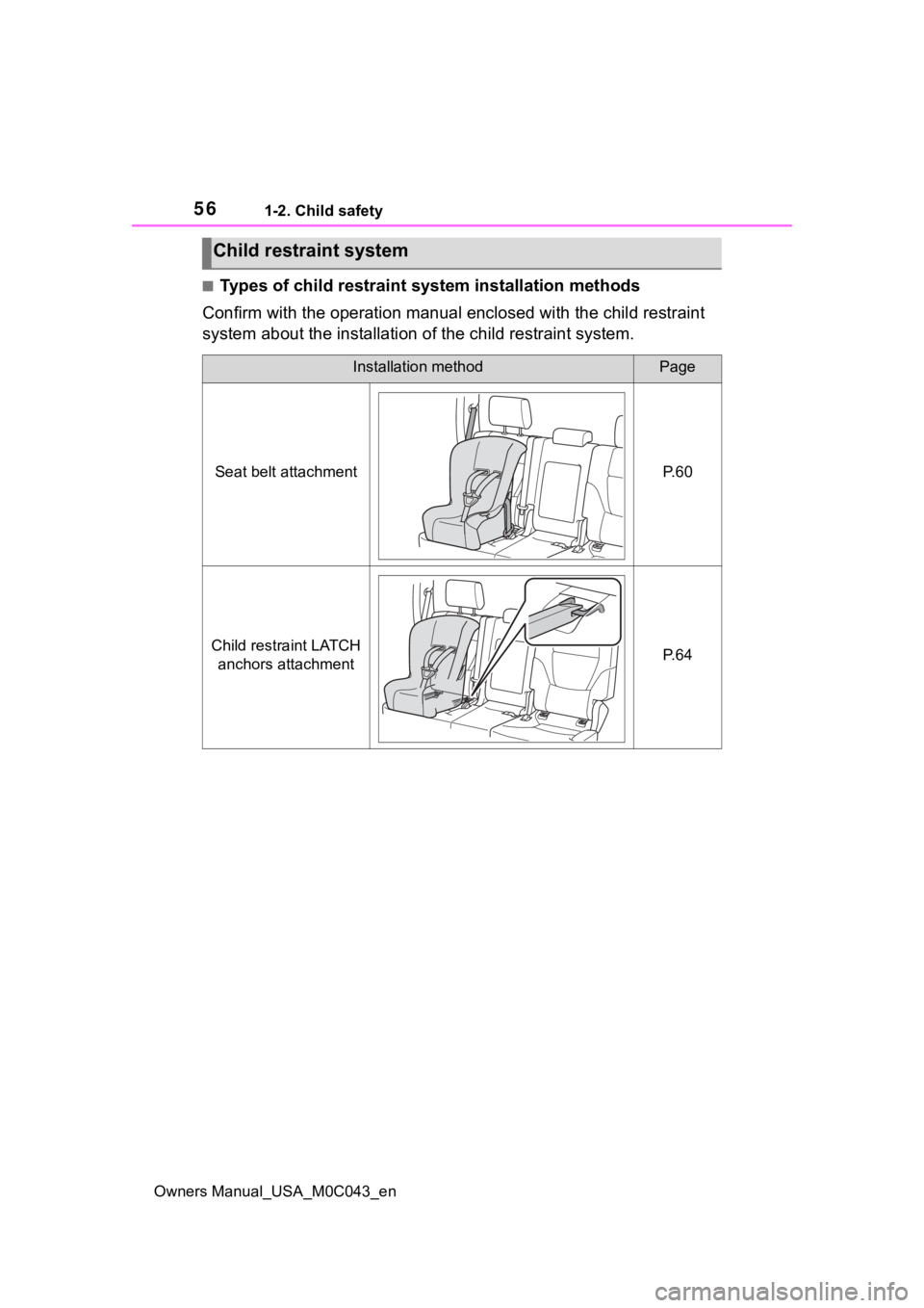 TOYOTA SEQUOIA HYBRID 2023 Workshop Manual 561-2. Child safety
Owners Manual_USA_M0C043_en
■Types of child restraint system installation methods
Confirm with the operation manual enclosed with the child restr aint
system about the installat TOYOTA SEQUOIA HYBRID 2023 Workshop Manual 561-2. Child safety
Owners Manual_USA_M0C043_en
■Types of child restraint system installation methods
Confirm with the operation manual enclosed with the child restr aint
system about the installat