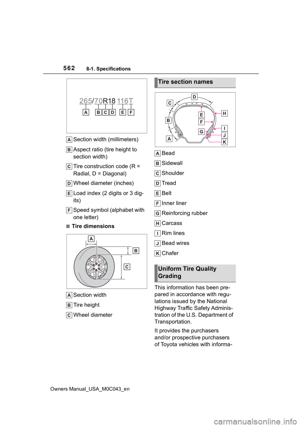TOYOTA SEQUOIA HYBRID 2023 Owners Manual 5628-1. Specifications
Owners Manual_USA_M0C043_en
Section width (millimeters)
Aspect ratio (tire height to
section width)
Tire construction code (R =
Radial, D = Diagonal)
Wheel diameter (inches)
L TOYOTA SEQUOIA HYBRID 2023 Owners Manual 5628-1. Specifications
Owners Manual_USA_M0C043_en
Section width (millimeters)
Aspect ratio (tire height to
section width)
Tire construction code (R =
Radial, D = Diagonal)
Wheel diameter (inches)
L