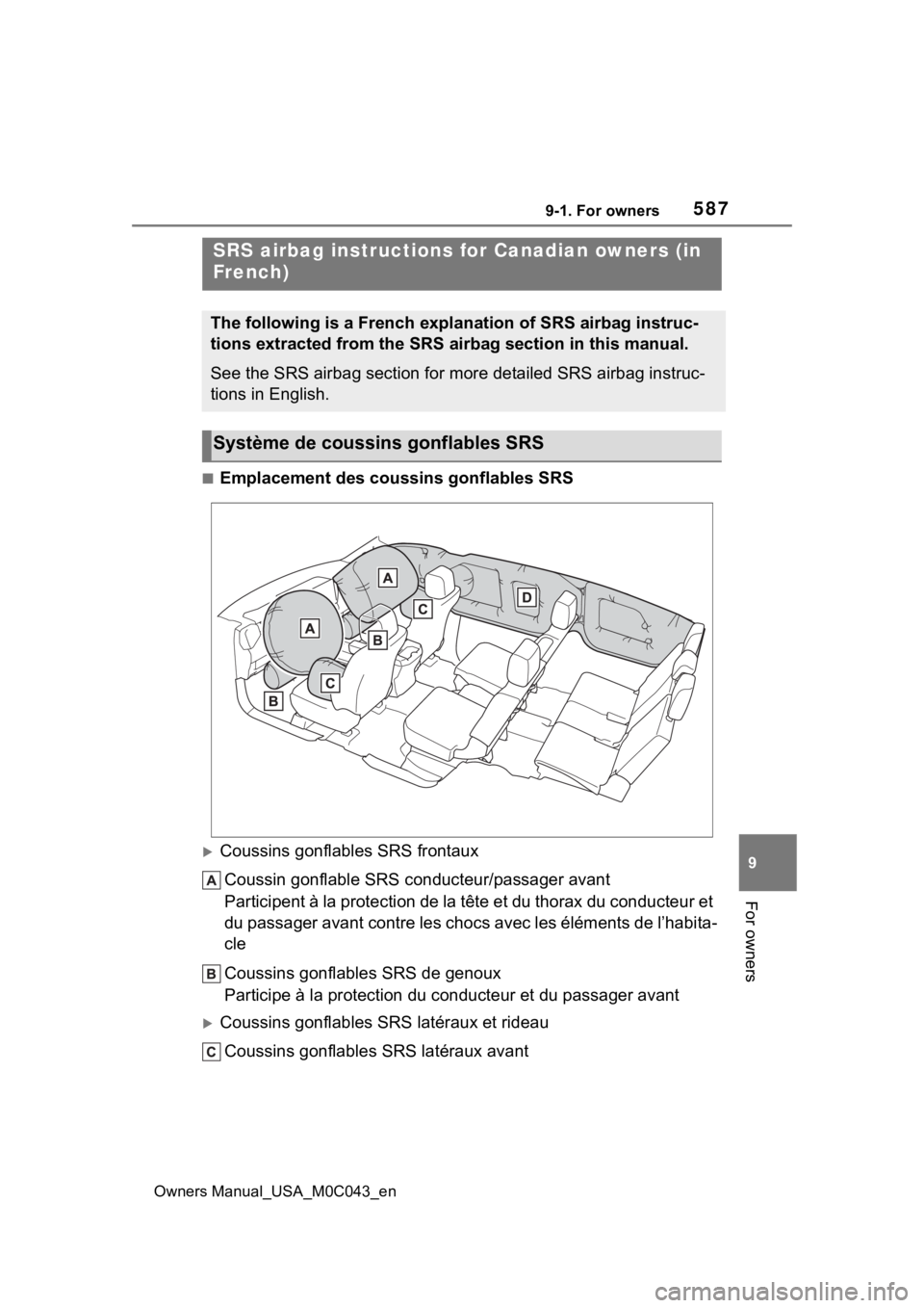 TOYOTA SEQUOIA HYBRID 2023 Owners Manual 5879-1. For owners
Owners Manual_USA_M0C043_en
9
For owners
■Emplacement des coussins gonflables SRS
Coussins gonflables SRS frontaux Coussin gonflable SRS conducteur/passager avant
Participent TOYOTA SEQUOIA HYBRID 2023 Owners Manual 5879-1. For owners
Owners Manual_USA_M0C043_en
9
For owners
■Emplacement des coussins gonflables SRS
Coussins gonflables SRS frontaux Coussin gonflable SRS conducteur/passager avant
Participent