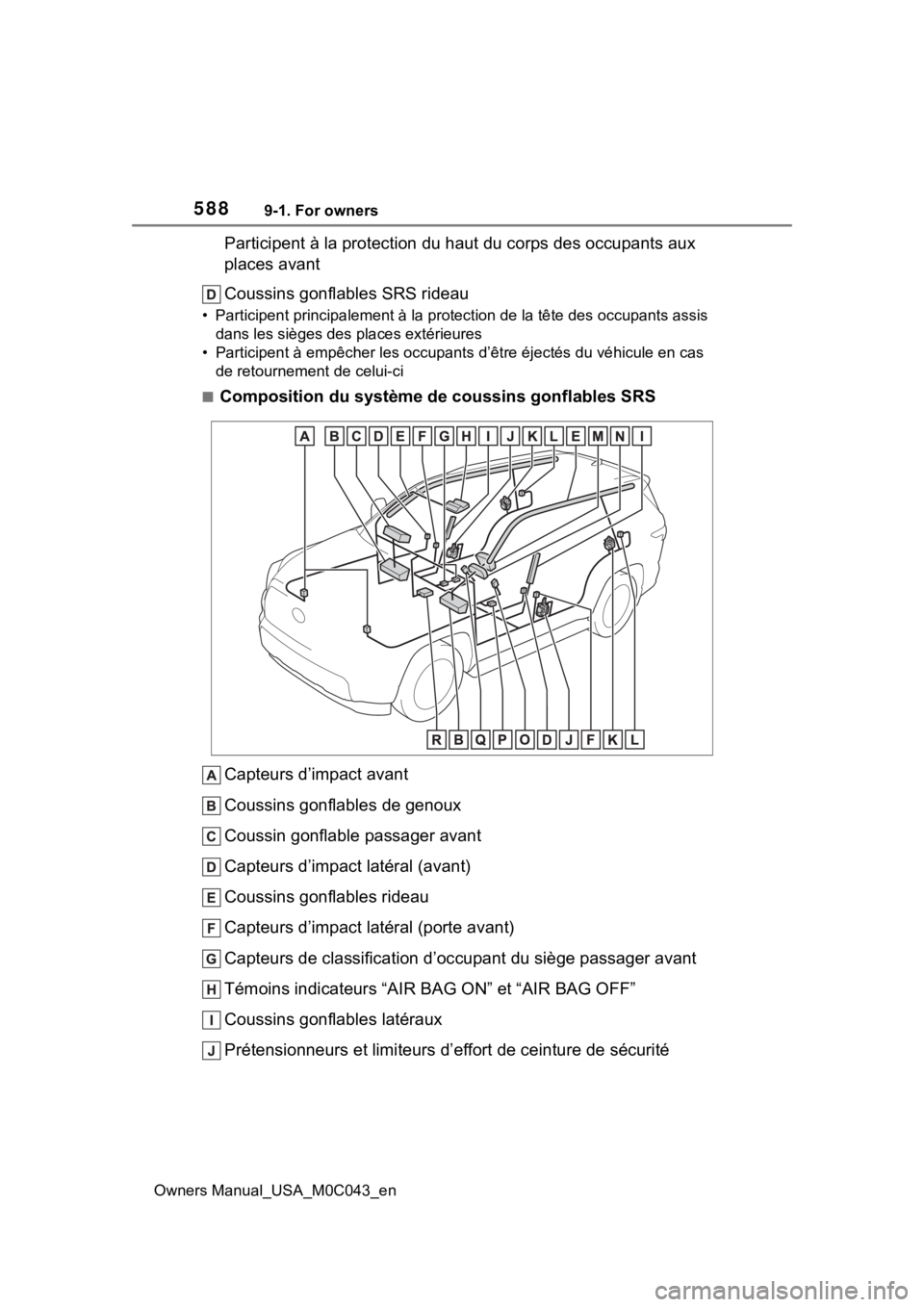 TOYOTA SEQUOIA HYBRID 2023 Owners Manual 5889-1. For owners
Owners Manual_USA_M0C043_en
Participent à la protection du haut du corps des occupants aux
places avant
Coussins gonflables SRS rideau
• Participent principalement à la protect TOYOTA SEQUOIA HYBRID 2023 Owners Manual 5889-1. For owners
Owners Manual_USA_M0C043_en
Participent à la protection du haut du corps des occupants aux
places avant
Coussins gonflables SRS rideau
• Participent principalement à la protect
