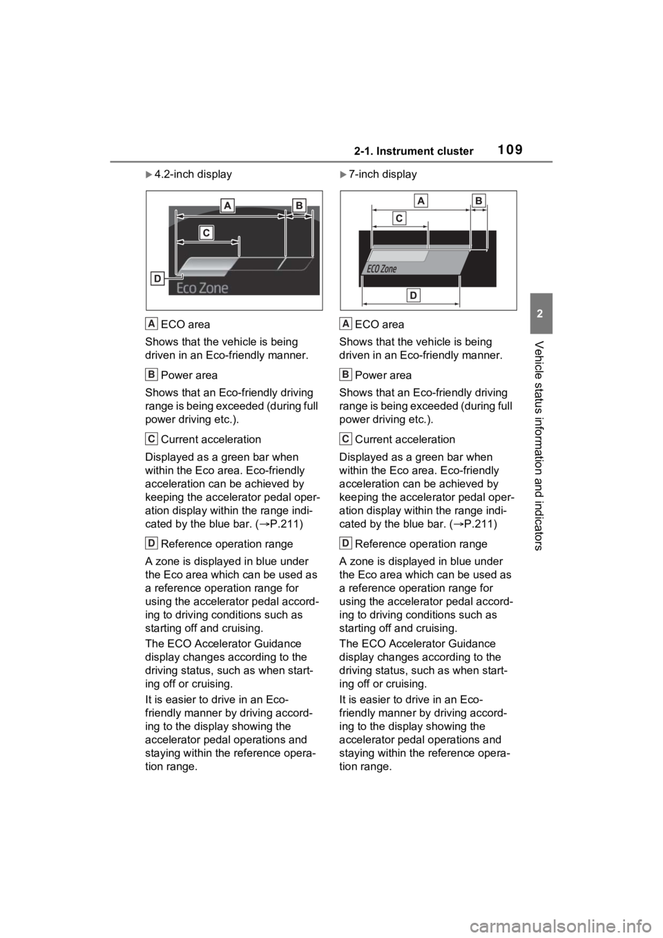TOYOTA SIENNA HYBRID 2023 Owners Manual 1092-1. Instrument cluster
2
Vehicle status information and indicators
4.2-inch displayECO area
Shows that the vehicle is being
driven in an Eco-friendly manner.
Power area
Shows that an Eco-frien TOYOTA SIENNA HYBRID 2023 Owners Manual 1092-1. Instrument cluster
2
Vehicle status information and indicators
4.2-inch displayECO area
Shows that the vehicle is being
driven in an Eco-friendly manner.
Power area
Shows that an Eco-frien