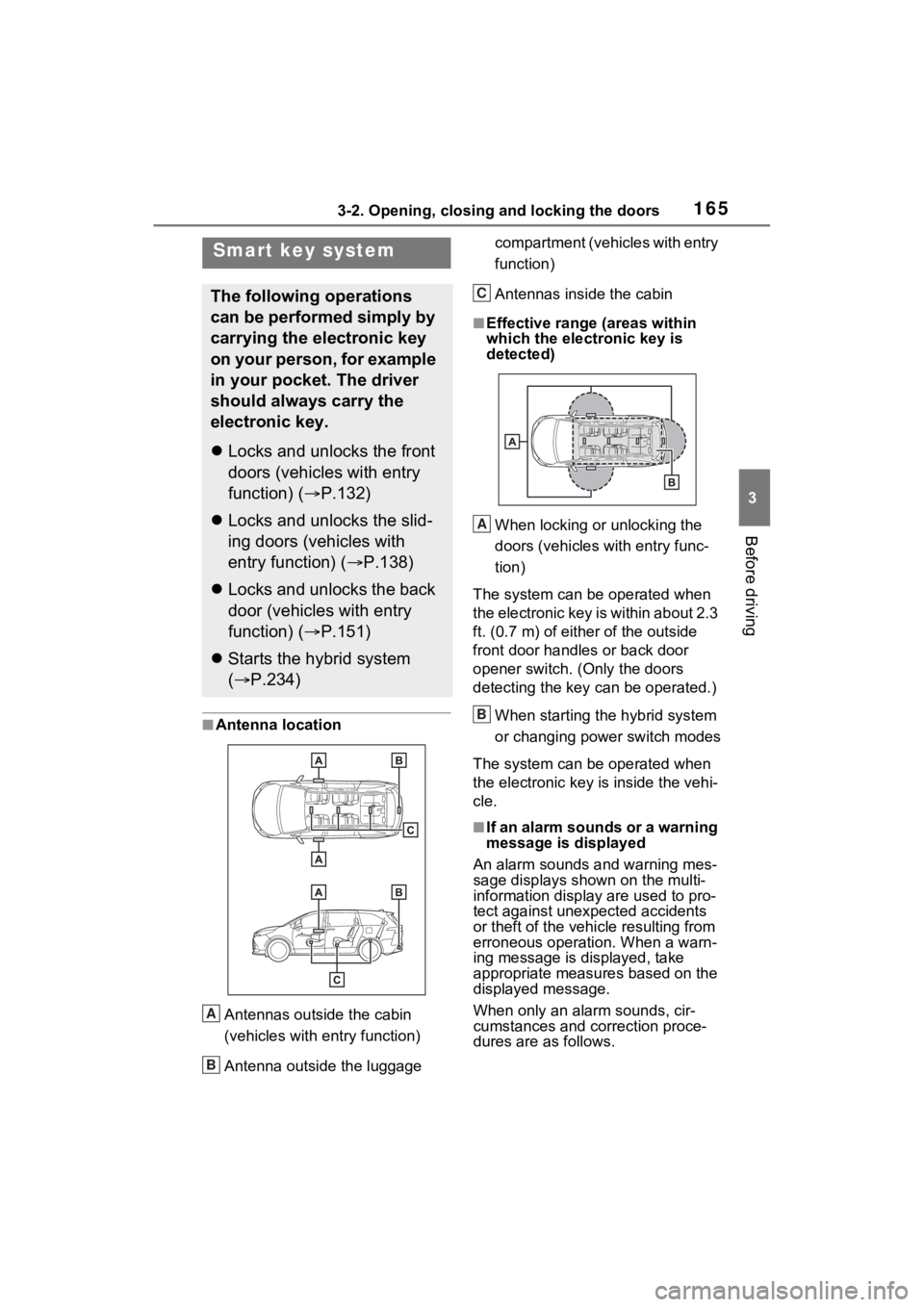 TOYOTA SIENNA HYBRID 2023 Owners Manual 1653-2. Opening, closing and locking the doors
3
Before driving
■Antenna location
Antennas outside the cabin
(vehicles with entry function)
Antenna outside the luggage compartment (vehicles with e TOYOTA SIENNA HYBRID 2023 Owners Manual 1653-2. Opening, closing and locking the doors
3
Before driving
■Antenna location
Antennas outside the cabin
(vehicles with entry function)
Antenna outside the luggage compartment (vehicles with e