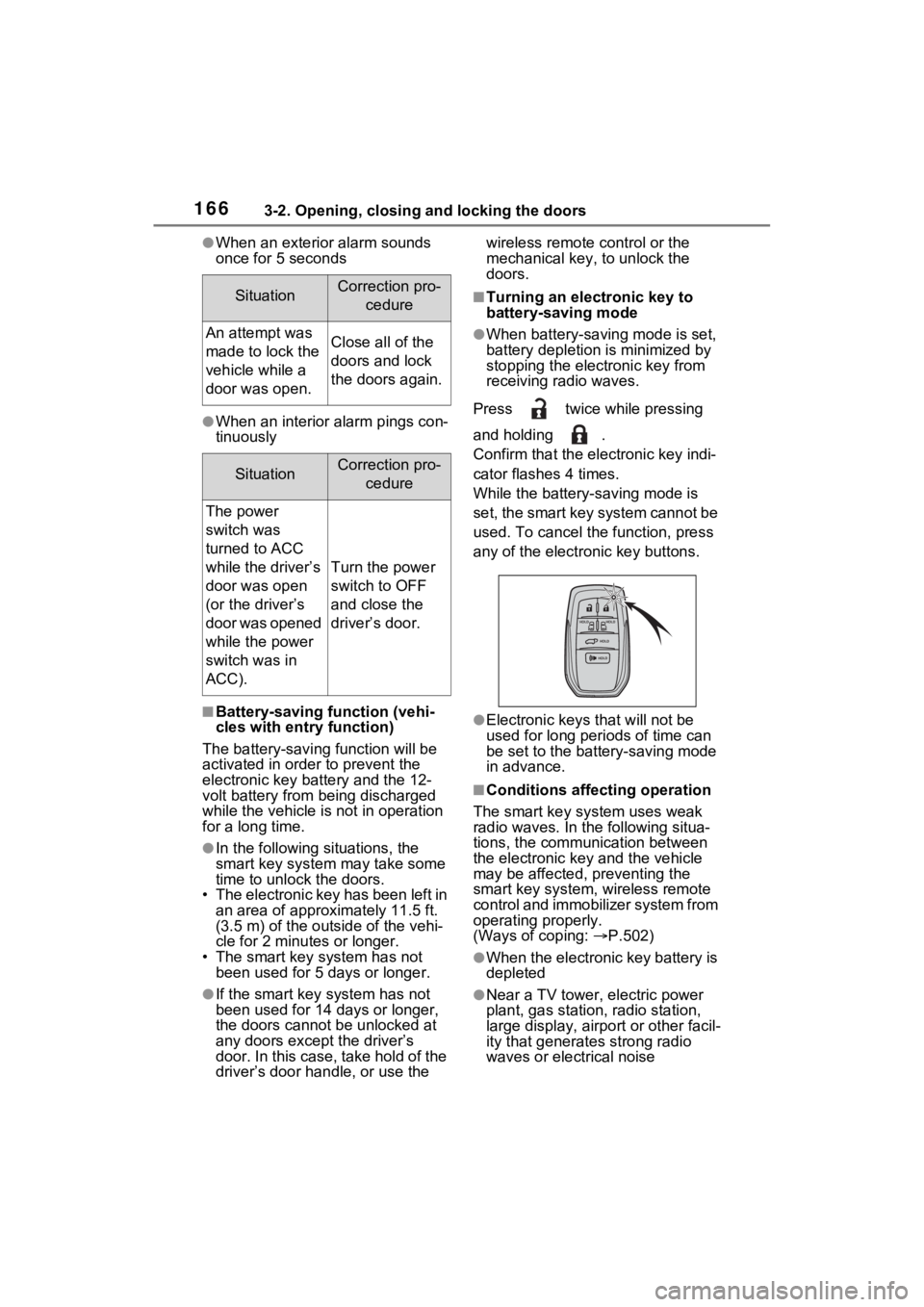 TOYOTA SIENNA HYBRID 2023 Owners Manual 1663-2. Opening, closing and locking the doors
●When an exterior alarm sounds
once for 5 seconds
●When an interior alarm pings con-
tinuously
■Battery-saving function (vehi-
cles with entry fun TOYOTA SIENNA HYBRID 2023 Owners Manual 1663-2. Opening, closing and locking the doors
●When an exterior alarm sounds
once for 5 seconds
●When an interior alarm pings con-
tinuously
■Battery-saving function (vehi-
cles with entry fun