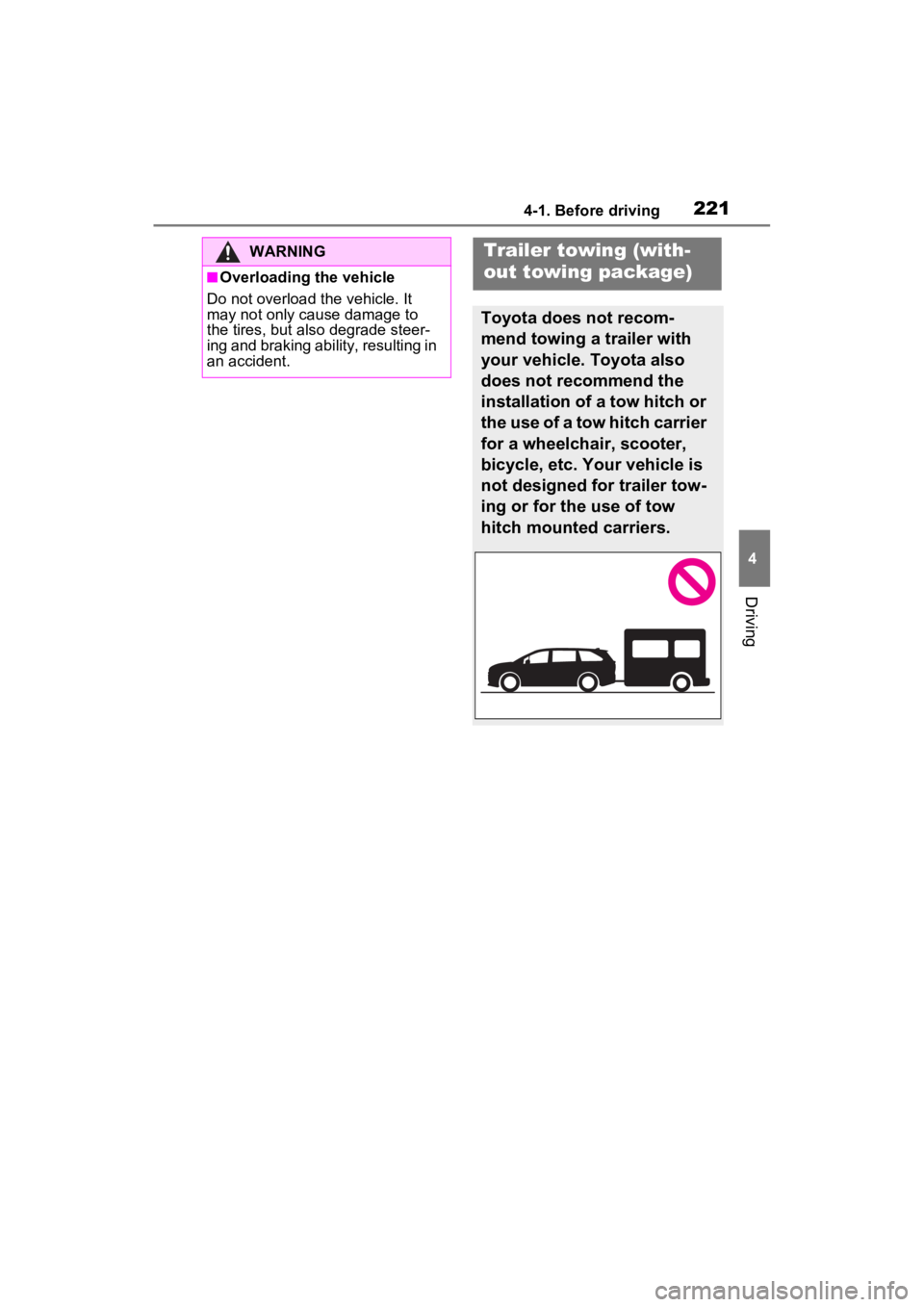 TOYOTA SIENNA HYBRID 2023 Owners Manual 2214-1. Before driving
4
Driving
WARNING
■Overloading the vehicle
Do not overload the vehicle. It
may not only cause damage to
the tires, but also degrade steer-
ing and braking ability, resulting TOYOTA SIENNA HYBRID 2023 Owners Manual 2214-1. Before driving
4
Driving
WARNING
■Overloading the vehicle
Do not overload the vehicle. It
may not only cause damage to
the tires, but also degrade steer-
ing and braking ability, resulting