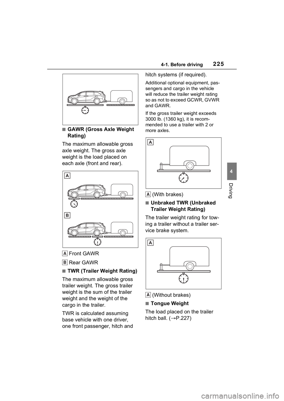 TOYOTA SIENNA HYBRID 2023 Owners Manual 2254-1. Before driving
4
Driving
■GAWR (Gross Axle Weight
Rating)
The maximum allowable gross
axle weight. The gross axle
weight is the load placed on
each axle (front and rear).
Front GAWR
Rear TOYOTA SIENNA HYBRID 2023 Owners Manual 2254-1. Before driving
4
Driving
■GAWR (Gross Axle Weight
Rating)
The maximum allowable gross
axle weight. The gross axle
weight is the load placed on
each axle (front and rear).
Front GAWR
Rear