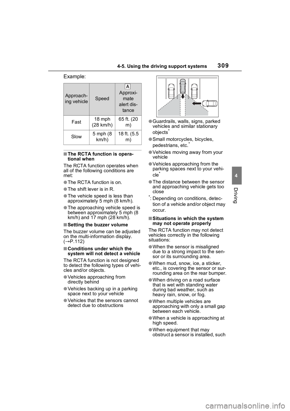 TOYOTA SIENNA HYBRID 2023  Owners Manual 3094-5. Using the driving support systems
4
Driving
Example:
■The RCTA function is opera-
tional when
The RCTA function operates when 
all of the followin g conditions are 
met:
●The RCTA function