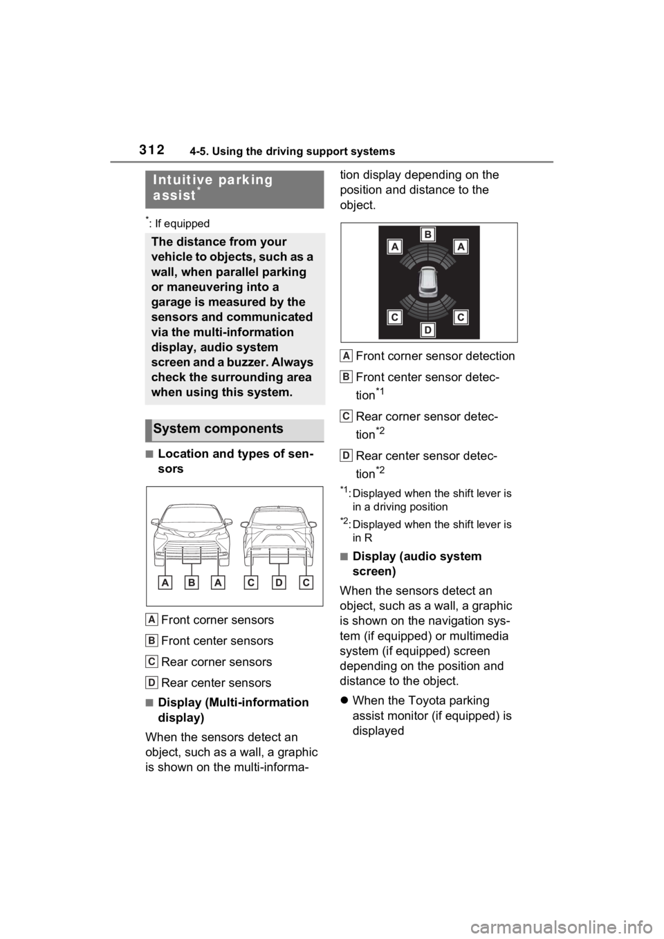 TOYOTA SIENNA HYBRID 2023  Owners Manual 3124-5. Using the driving support systems
*: If equipped
■Location and types of sen-
sorsFront corner sensors
Front center sensors
Rear corner sensors
Rear center sensors
■Display (Multi-informati