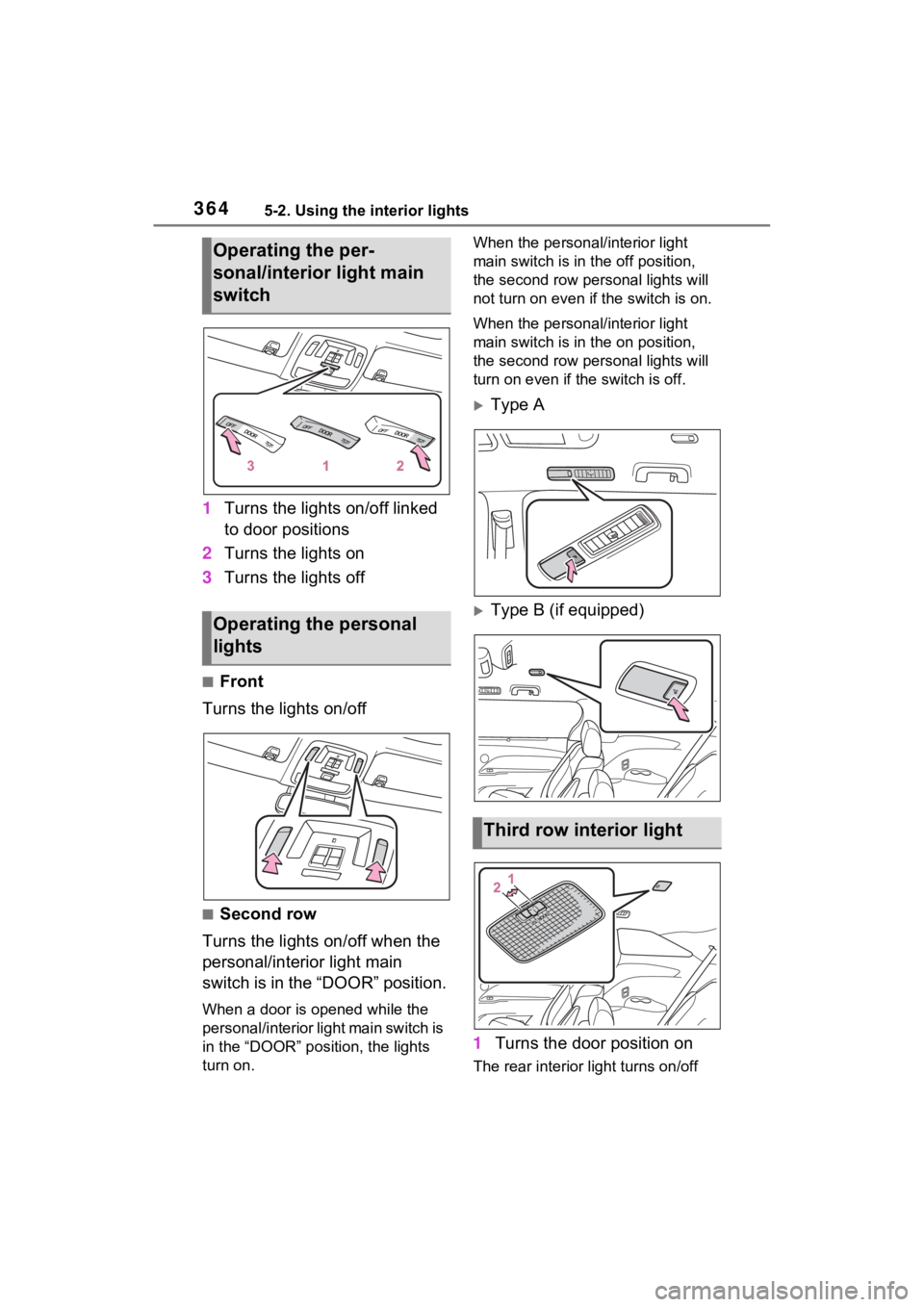 TOYOTA SIENNA HYBRID 2023 Owners Manual 3645-2. Using the interior lights
1Turns the lights on/off linked
to door positions
2 Turns the lights on
3 Turns the lights off
■Front
Turns the lights on/off
■Second row
Turns the lights on/off TOYOTA SIENNA HYBRID 2023 Owners Manual 3645-2. Using the interior lights
1Turns the lights on/off linked
to door positions
2 Turns the lights on
3 Turns the lights off
■Front
Turns the lights on/off
■Second row
Turns the lights on/off