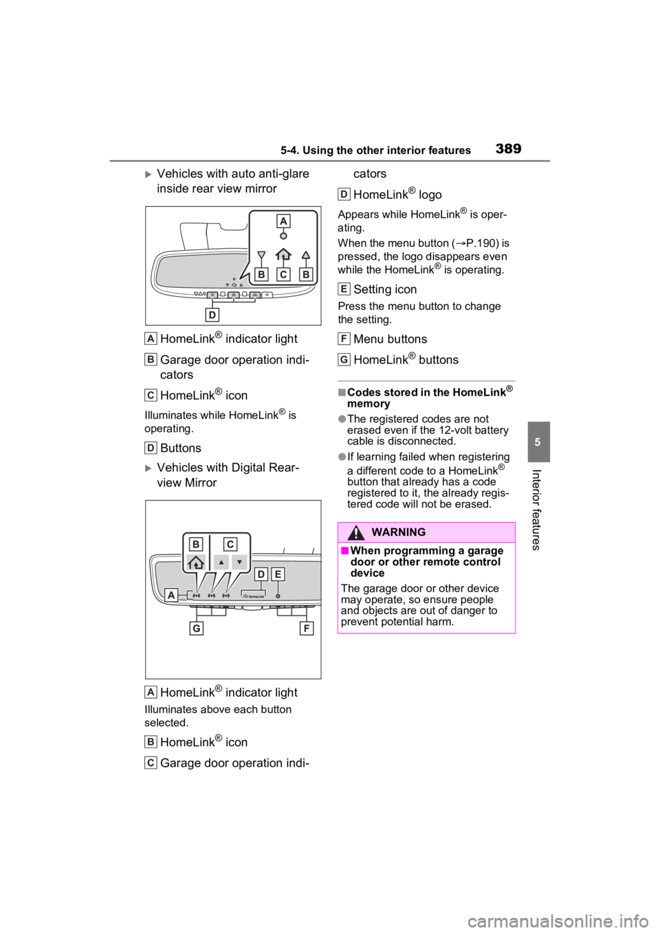 TOYOTA SIENNA HYBRID 2023 Owners Manual 3895-4. Using the other interior features
5
Interior features
Vehicles with auto anti-glare
inside rear view mirrorHomeLink
® indicator light
Garage door operation indi-
cators
HomeLink
® icon
I TOYOTA SIENNA HYBRID 2023 Owners Manual 3895-4. Using the other interior features
5
Interior features
Vehicles with auto anti-glare
inside rear view mirrorHomeLink
® indicator light
Garage door operation indi-
cators
HomeLink
® icon
I