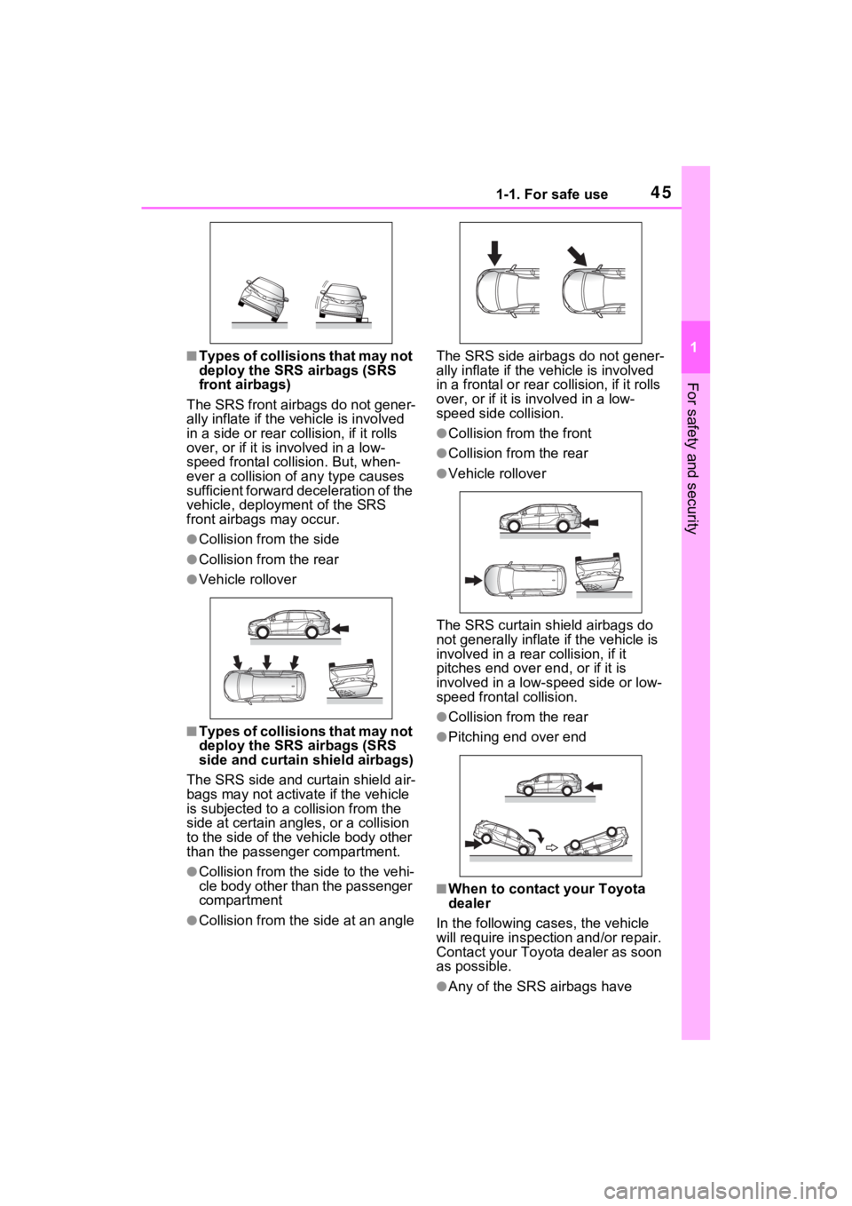 TOYOTA SIENNA HYBRID 2023 Service Manual 451-1. For safe use
1
For safety and security
■Types of collisions that may not 
deploy the SRS airbags (SRS 
front airbags)
The SRS front airbags do not gener-
ally inflate if the vehicle is involv
