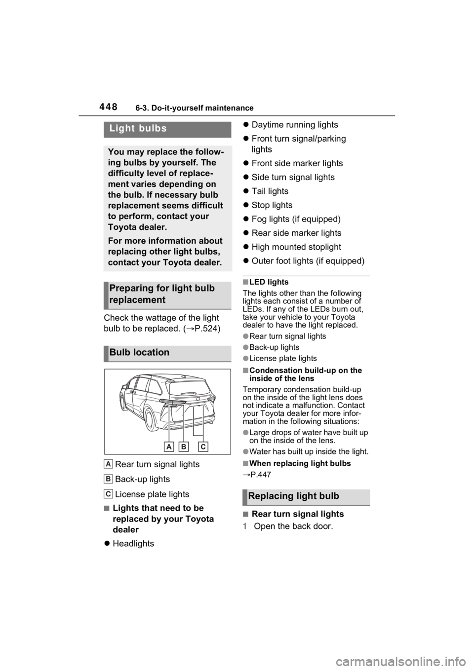 TOYOTA SIENNA HYBRID 2023  Owners Manual 4486-3. Do-it-yourself maintenance
Check the wattage of the light 
bulb to be replaced. ( P.524)
Rear turn signal lights
Back-up lights
License plate lights
■Lights that need to be 
replaced by y