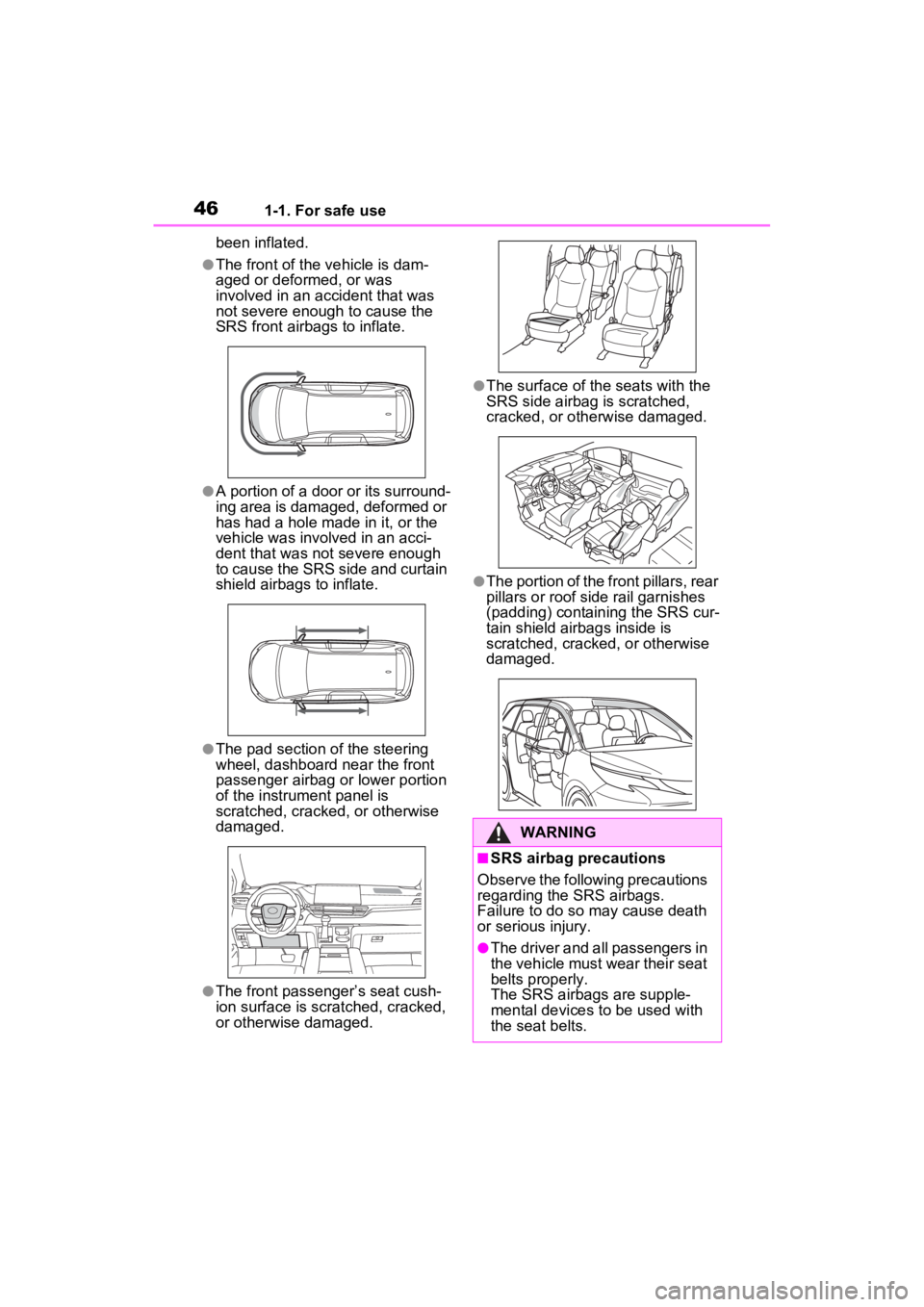 TOYOTA SIENNA HYBRID 2023 Service Manual 461-1. For safe use
been inflated.
●The front of the vehicle is dam-
aged or deformed, or was 
involved in an accident that was 
not severe enough to cause the 
SRS front airbags to inflate.
●A po