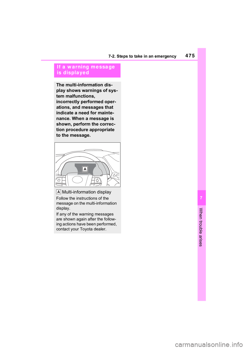 TOYOTA SIENNA HYBRID 2023 Owners Manual 4757-2. Steps to take in an emergency
7
When trouble arises
If a warning message
is displayed
The multi-information dis-
play shows warnings of sys-
tem malfunctions,
incorrectly performed oper-
ati TOYOTA SIENNA HYBRID 2023 Owners Manual 4757-2. Steps to take in an emergency
7
When trouble arises
If a warning message
is displayed
The multi-information dis-
play shows warnings of sys-
tem malfunctions,
incorrectly performed oper-
ati