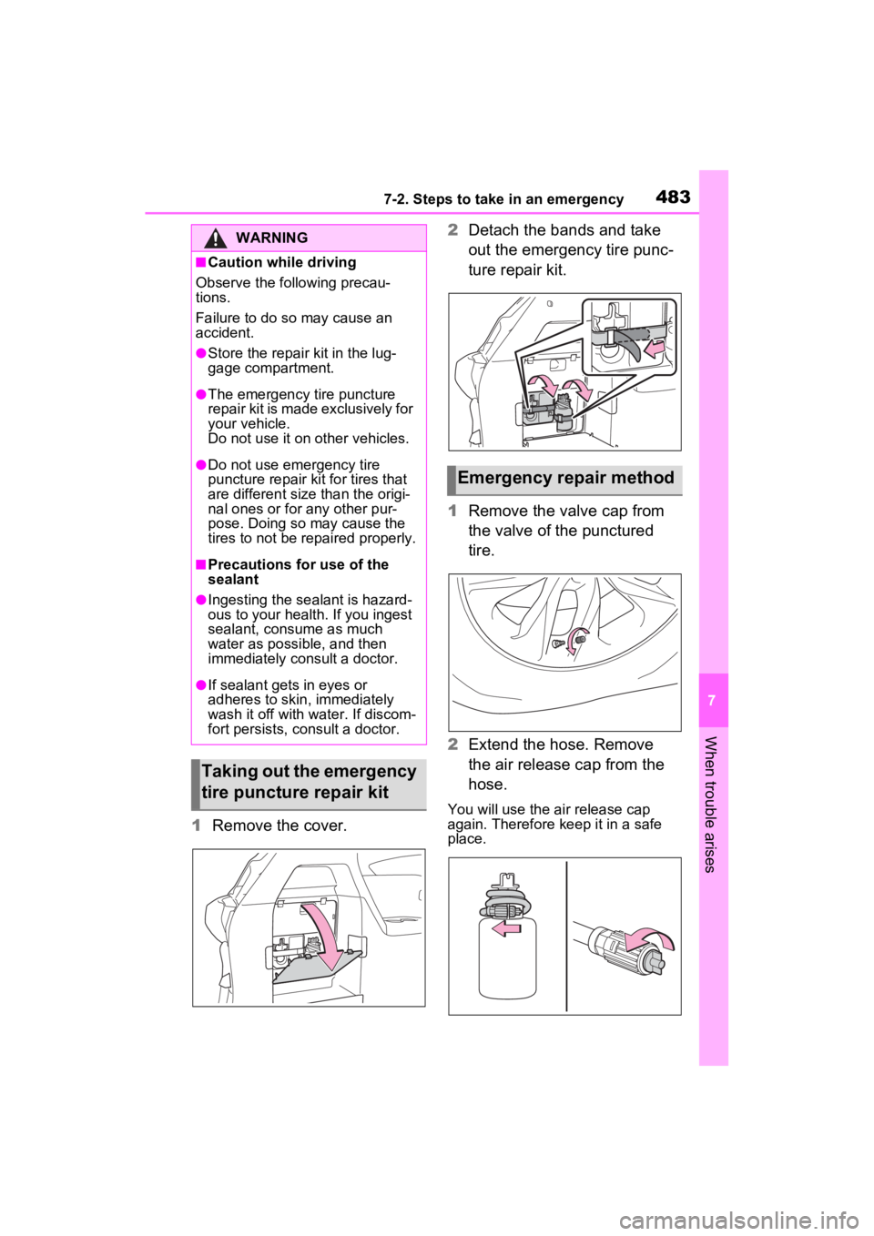 TOYOTA SIENNA HYBRID 2023 Owners Manual 4837-2. Steps to take in an emergency
7
When trouble arises
1Remove the cover. 2
Detach the bands and take
out the emergency tire punc-
ture repair kit.
1 Remove the valve cap from
the valve of the TOYOTA SIENNA HYBRID 2023 Owners Manual 4837-2. Steps to take in an emergency
7
When trouble arises
1Remove the cover. 2
Detach the bands and take
out the emergency tire punc-
ture repair kit.
1 Remove the valve cap from
the valve of the