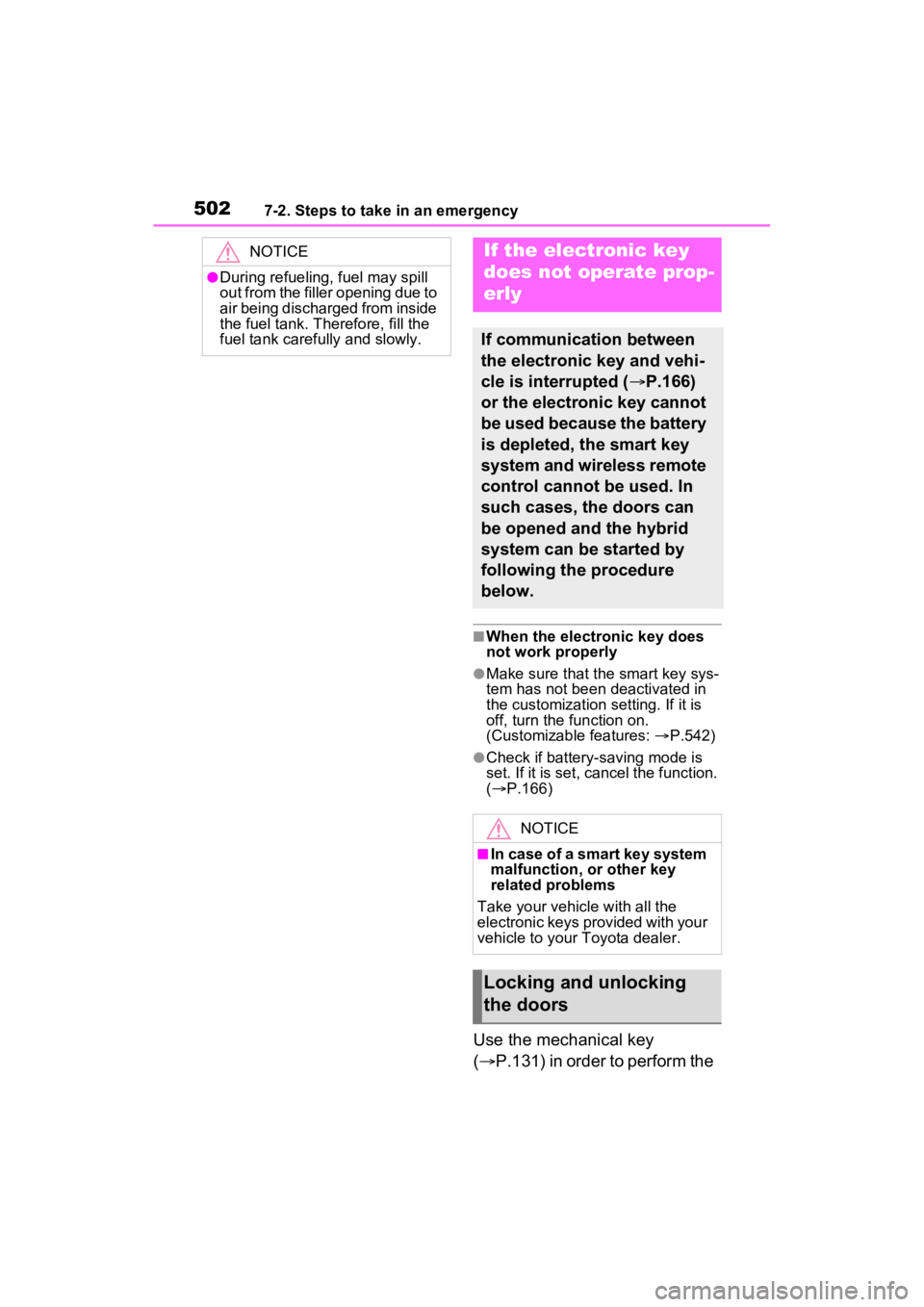 TOYOTA SIENNA HYBRID 2023  Owners Manual 5027-2. Steps to take in an emergency
■When the electronic key does 
not work properly
●Make sure that the smart key sys-
tem has not been deactivated in 
the customization setting. If it is 
off,