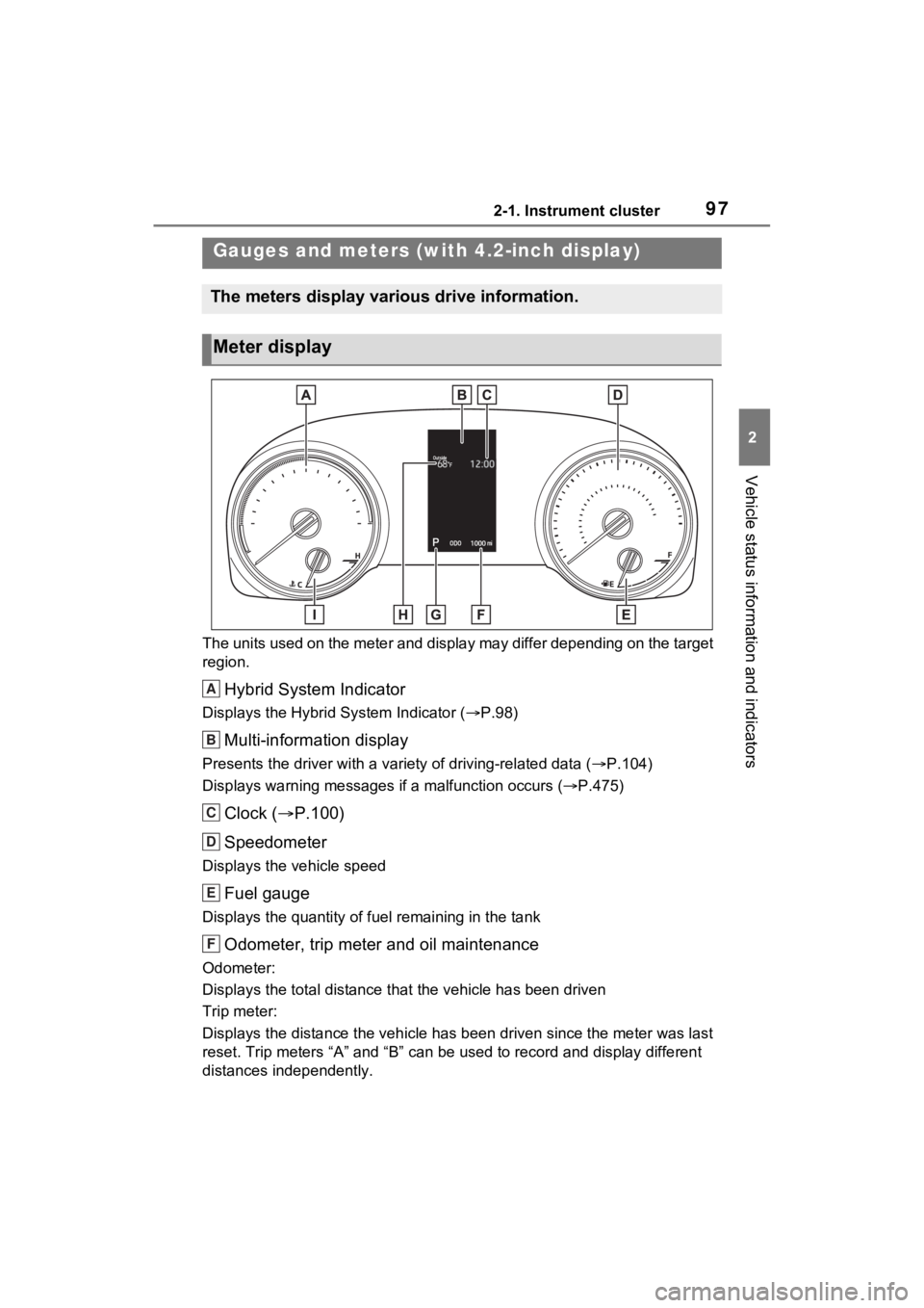 TOYOTA SIENNA HYBRID 2023 Owners Manual 972-1. Instrument cluster
2
Vehicle status information and indicators
The units used on the meter and display may differ depending on the target
region.
Hybrid System Indicator
Displays the Hybrid Sy TOYOTA SIENNA HYBRID 2023 Owners Manual 972-1. Instrument cluster
2
Vehicle status information and indicators
The units used on the meter and display may differ depending on the target
region.
Hybrid System Indicator
Displays the Hybrid Sy
