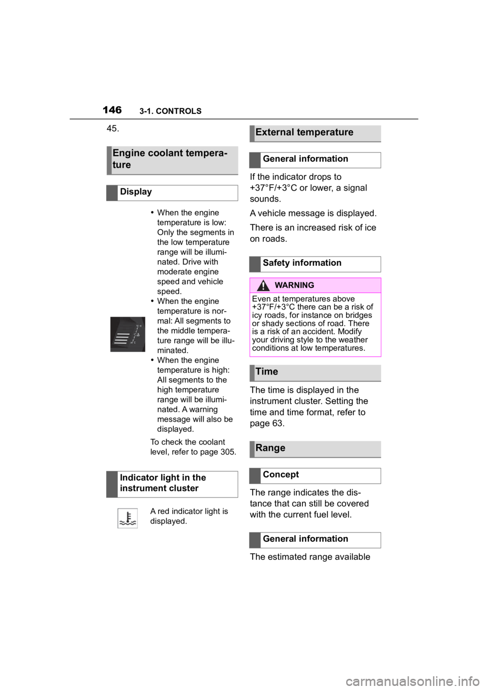 TOYOTA SUPRA 2023 Owners Manual 1463-1. CONTROLS
45.If the indicator drops to
+37°F/+3°C or lower, a signal
sounds.
A vehicle message is displayed.
There is an increased risk of ice
on roads.
The time is displayed in the
instr TOYOTA SUPRA 2023 Owners Manual 1463-1. CONTROLS
45.If the indicator drops to
+37°F/+3°C or lower, a signal
sounds.
A vehicle message is displayed.
There is an increased risk of ice
on roads.
The time is displayed in the
instr