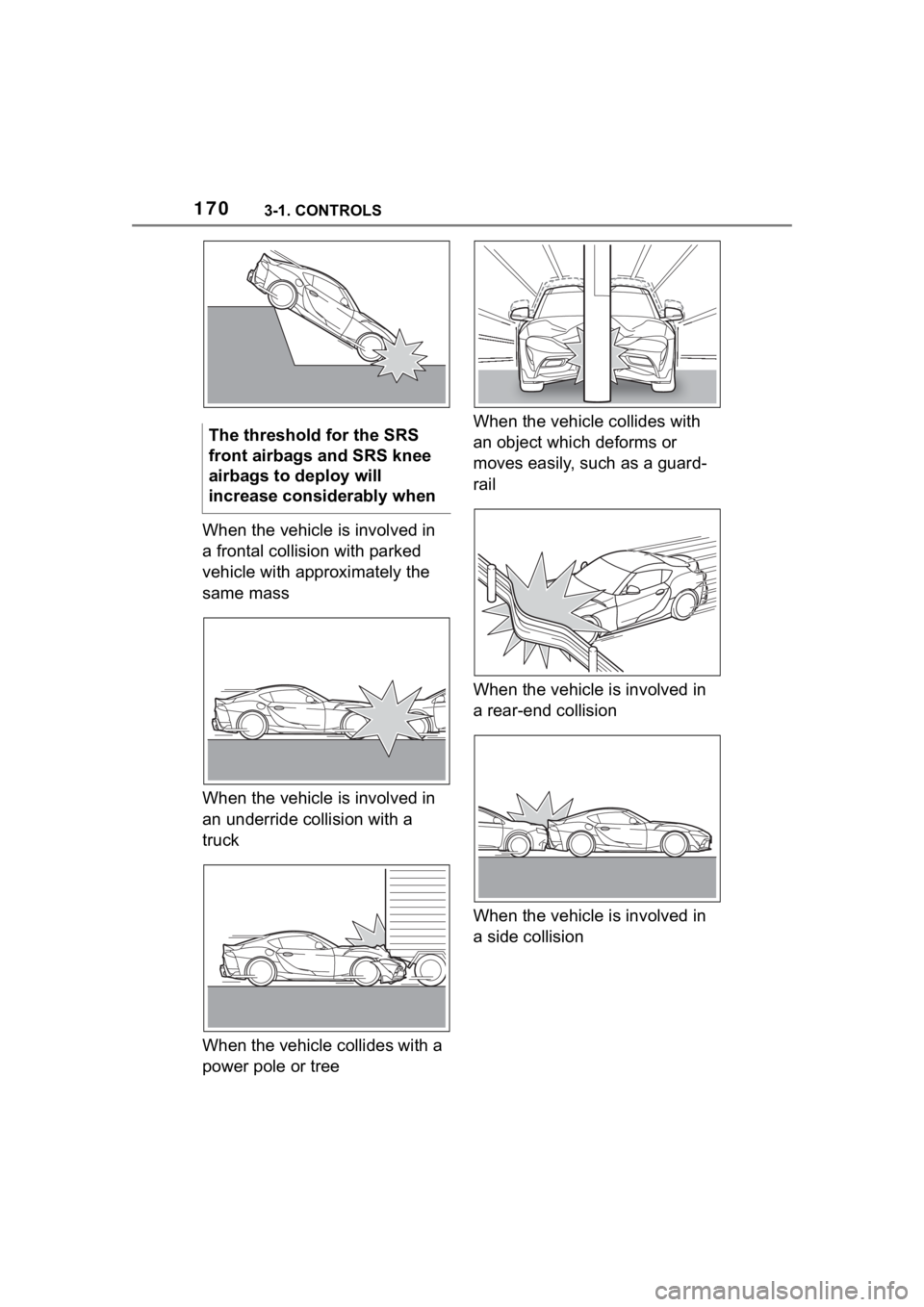 TOYOTA SUPRA 2023 Owners Manual 1703-1. CONTROLS
When the vehicle is involved in
a frontal collision with parked
vehicle with approximately the
same mass
When the vehicle is involved in
an underride collision with a
truck
When TOYOTA SUPRA 2023 Owners Manual 1703-1. CONTROLS
When the vehicle is involved in
a frontal collision with parked
vehicle with approximately the
same mass
When the vehicle is involved in
an underride collision with a
truck
When
