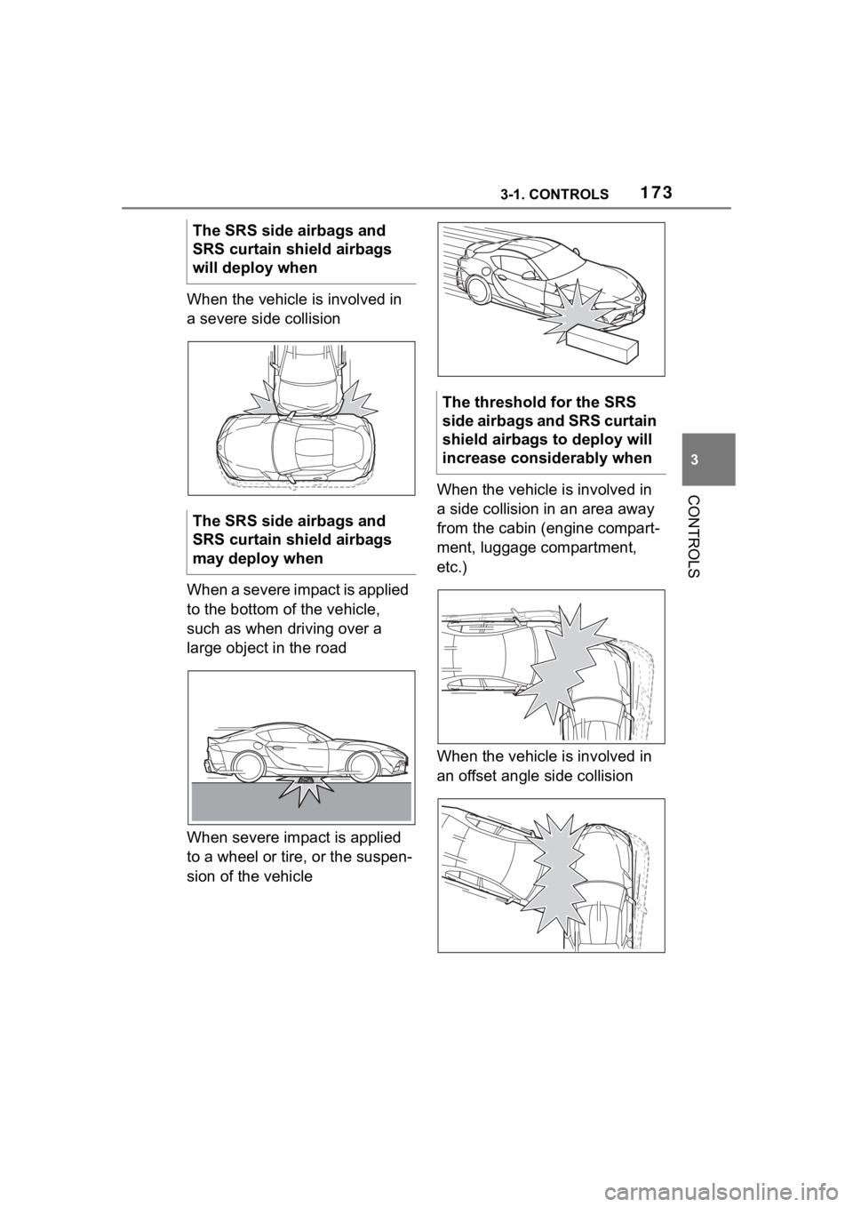 TOYOTA SUPRA 2023 Owners Manual 1733-1. CONTROLS
3
CONTROLS
When the vehicle is involved in
a severe side collision
When a severe impact is applied
to the bottom of the vehicle,
such as when driving over a
large object in the ro TOYOTA SUPRA 2023 Owners Manual 1733-1. CONTROLS
3
CONTROLS
When the vehicle is involved in
a severe side collision
When a severe impact is applied
to the bottom of the vehicle,
such as when driving over a
large object in the ro