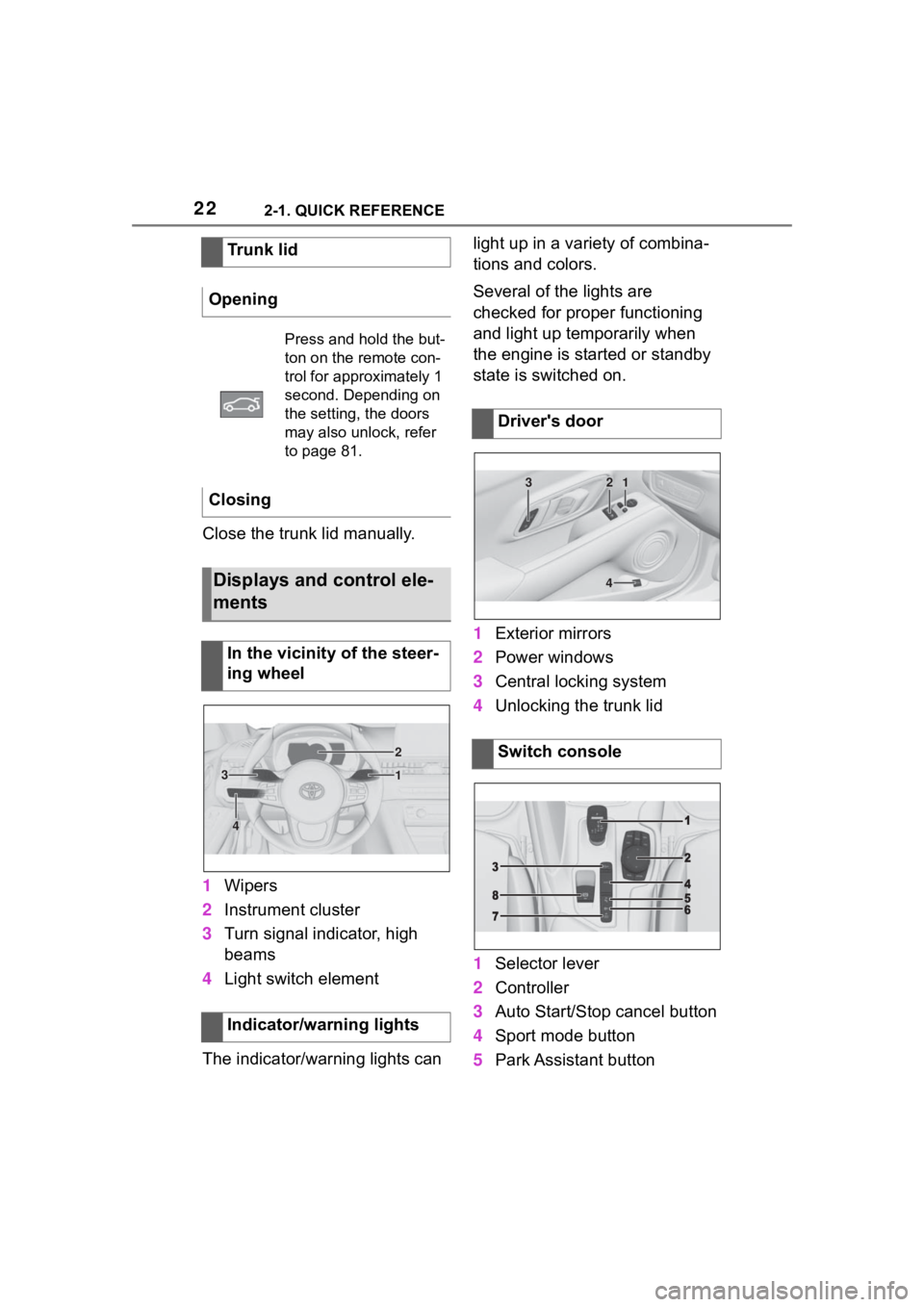 TOYOTA SUPRA 2023 Owners Manual 222-1. QUICK REFERENCE
Close the trunk lid manually.
1Wipers
2 Instrument cluster
3 Turn signal indicator, high
beams
4 Light switch element
The indicator/warning lights can light up in a variety of TOYOTA SUPRA 2023 Owners Manual 222-1. QUICK REFERENCE
Close the trunk lid manually.
1Wipers
2 Instrument cluster
3 Turn signal indicator, high
beams
4 Light switch element
The indicator/warning lights can light up in a variety of