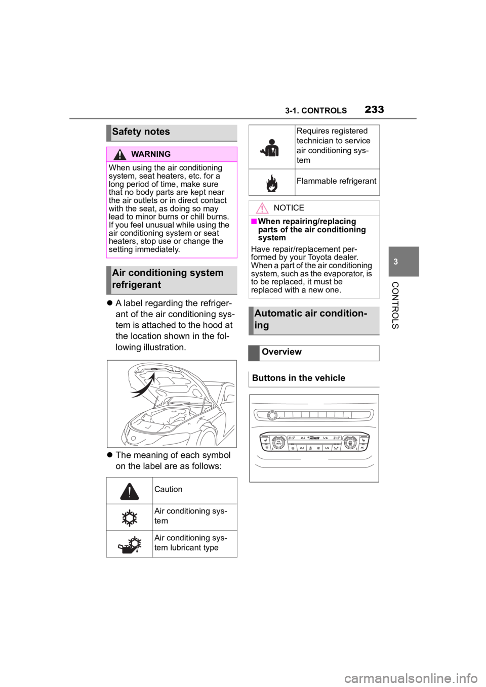 TOYOTA SUPRA 2023  Owners Manual 2333-1. CONTROLS
3
CONTROLS
A label regarding the refriger-
ant of the air conditioning sys-
tem is attached to the hood at 
the location shown in the fol-
lowing illustration.
 The meaning of e