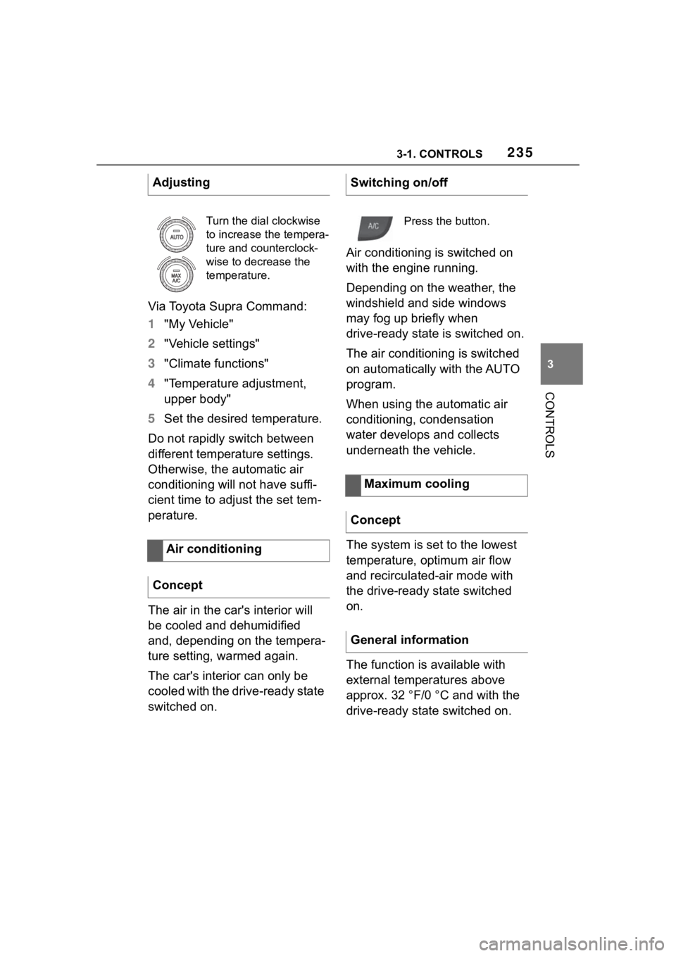 TOYOTA SUPRA 2023  Owners Manual 2353-1. CONTROLS
3
CONTROLS
Via Toyota Supra Command:
1"My Vehicle"
2 "Vehicle settings"
3 "Climate functions"
4 "Temperature adjustment, 
upper body"
5 Set the desired