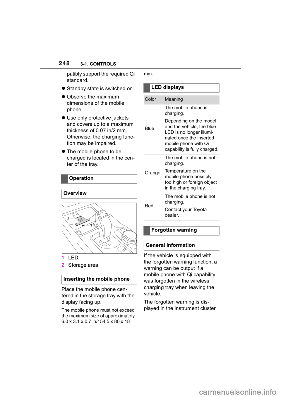 TOYOTA SUPRA 2023  Owners Manual 2483-1. CONTROLS
patibly support the required Qi 
standard.
 Standby state is switched on.
 Observe the maximum 
dimensions of the mobile 
phone.
 Use only protective jackets 
and covers up t