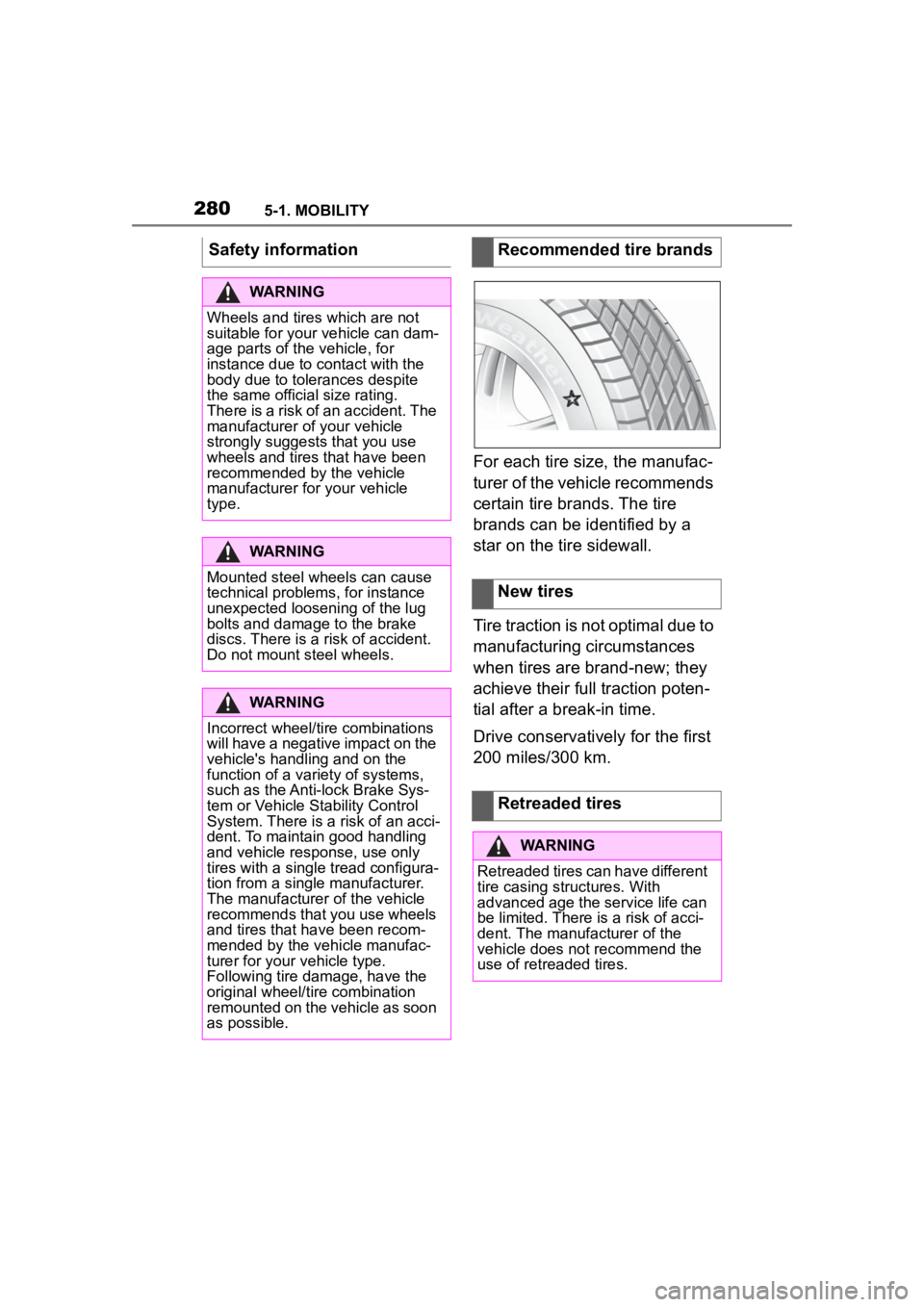 TOYOTA SUPRA 2023 Owners Manual 2805-1. MOBILITY
For each tire size, the manufac-
turer of the vehicle recommends
certain tire brands. The tire
brands can be identified by a
star on the tire sidewall.
Tire traction is not optimal TOYOTA SUPRA 2023 Owners Manual 2805-1. MOBILITY
For each tire size, the manufac-
turer of the vehicle recommends
certain tire brands. The tire
brands can be identified by a
star on the tire sidewall.
Tire traction is not optimal