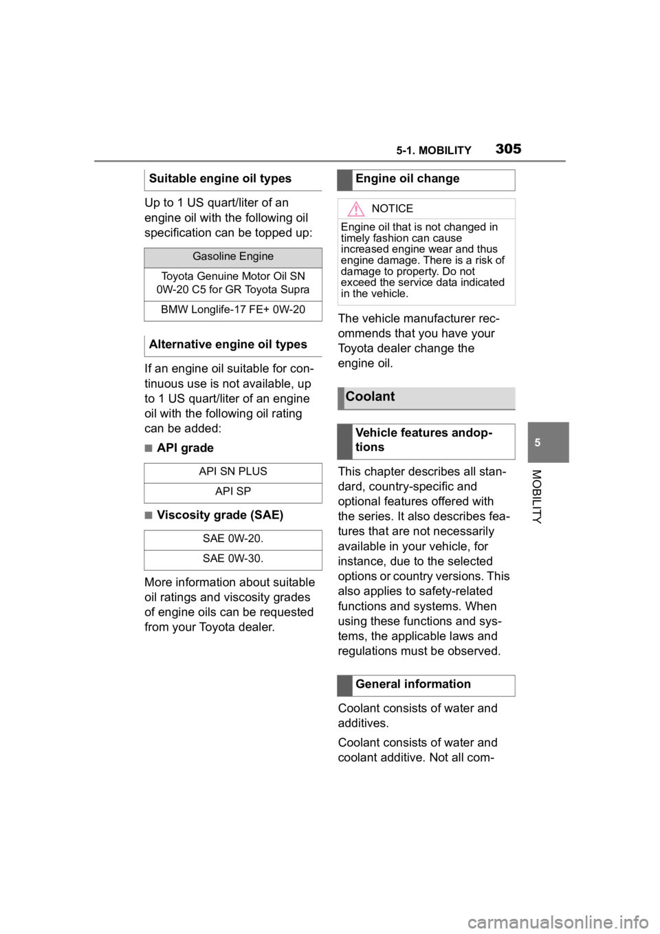 TOYOTA SUPRA 2023  Owners Manual 3055-1. MOBILITY
5
MOBILITY
Up to 1 US quart/liter of an 
engine oil with the following oil 
specification can be topped up:
If an engine oil suitable for con-
tinuous use is not available, up 
to 1 U