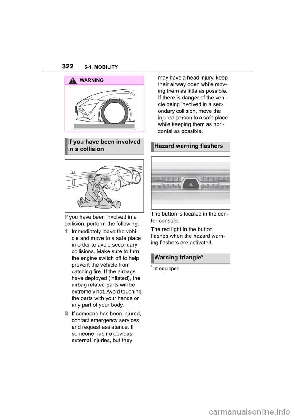 TOYOTA SUPRA 2023  Owners Manual 3225-1. MOBILITY
If you have been involved in a 
collision, perform the following:
1Immediately leave the vehi-
cle and move to a safe place 
in order to avoid secondary 
collisions. Make sure to turn