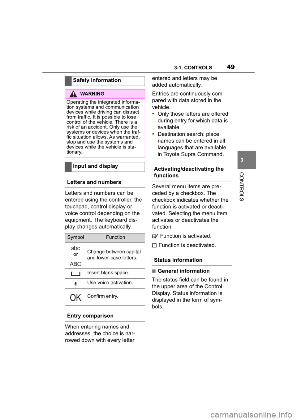 TOYOTA SUPRA 2023  Owners Manual 493-1. CONTROLS
3
CONTROLS
Letters and numbers can be 
entered using the controller, the 
touchpad, control display or 
voice control depending on the 
equipment. The keyboard dis-
play changes automa