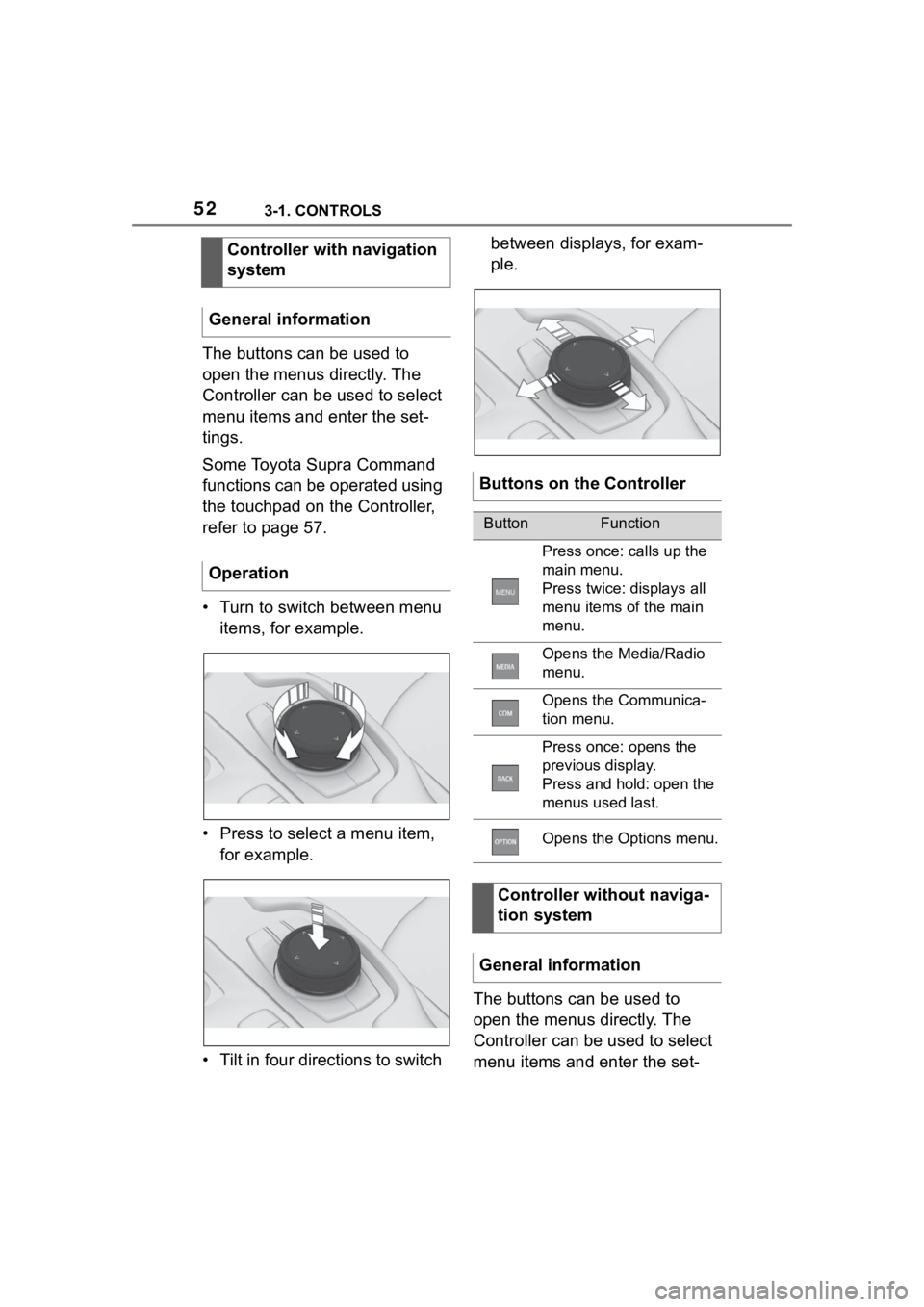 TOYOTA SUPRA 2023 Workshop Manual 523-1. CONTROLS
The buttons can be used to
open the menus directly. The
Controller can be used to select
menu items and enter the set-
tings.
Some Toyota Supra Command
functions can be operated us TOYOTA SUPRA 2023 Workshop Manual 523-1. CONTROLS
The buttons can be used to
open the menus directly. The
Controller can be used to select
menu items and enter the set-
tings.
Some Toyota Supra Command
functions can be operated us