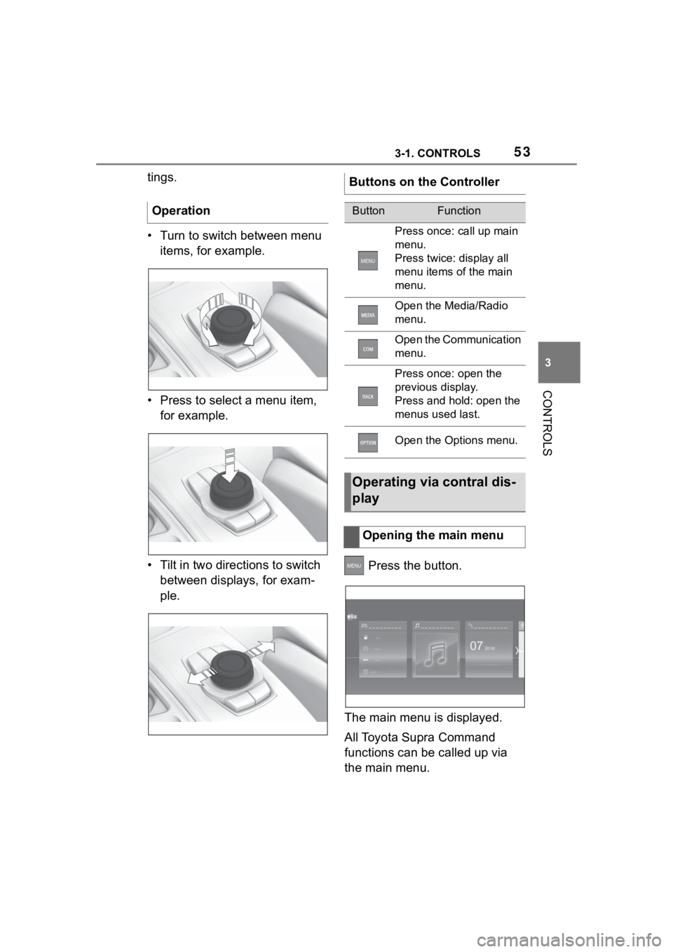 TOYOTA SUPRA 2023 Workshop Manual 533-1. CONTROLS
3
CONTROLS
tings.
• Turn to switch between menu items, for example.
• Press to select a menu item, for example.
• Tilt in two dire ctions to switch
between displays, for exam-
TOYOTA SUPRA 2023 Workshop Manual 533-1. CONTROLS
3
CONTROLS
tings.
• Turn to switch between menu items, for example.
• Press to select a menu item, for example.
• Tilt in two dire ctions to switch
between displays, for exam-