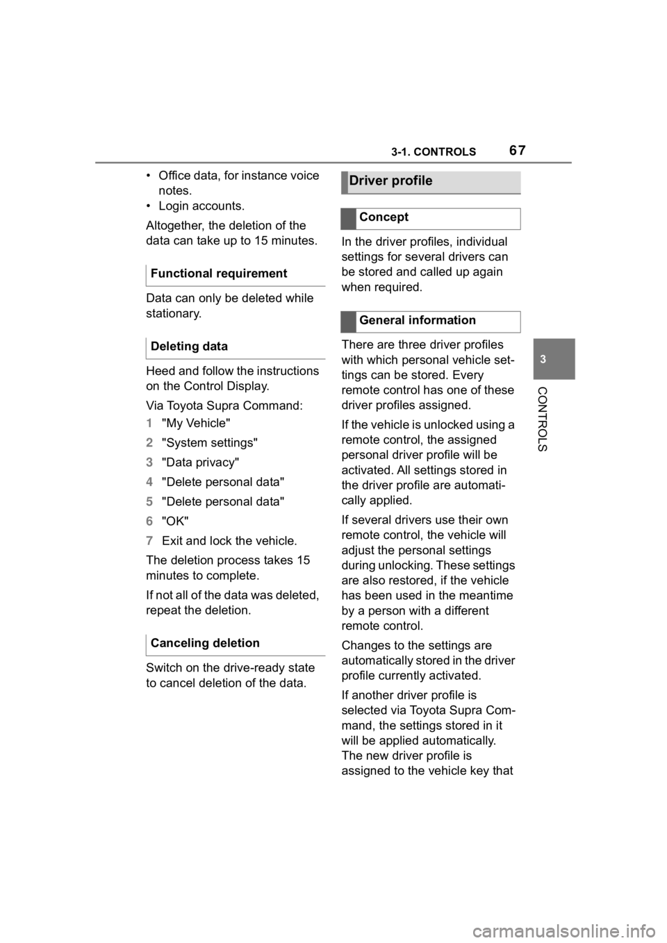 TOYOTA SUPRA 2023 Repair Manual 673-1. CONTROLS
3
CONTROLS
• Office data, for instance voice notes.
• Login accounts.
Altogether, the deletion of the
data can take up to 15 minutes.
Data can only be deleted while
stationary.
H TOYOTA SUPRA 2023 Repair Manual 673-1. CONTROLS
3
CONTROLS
• Office data, for instance voice notes.
• Login accounts.
Altogether, the deletion of the
data can take up to 15 minutes.
Data can only be deleted while
stationary.
H